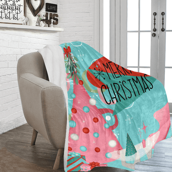 Mid Century Modern Christmas Blanket, Aqua Pink, Whimsical Holiday Kitsch Sherpa Fleece Blanket