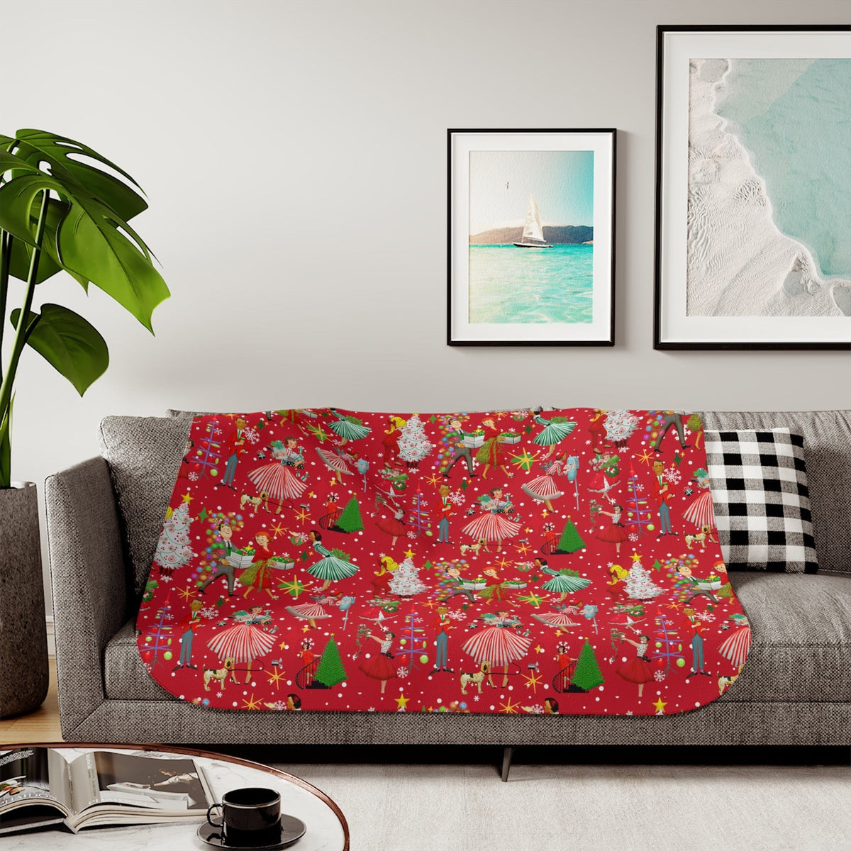 Mid Century Modern Christmas Cards, Kitschy 50's Red, Holiday Gift That Keeps On Giving Christmas Blanket Sherpa Blanket Home Decor