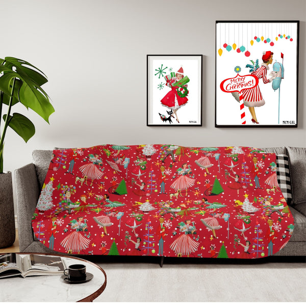 Mid Century Modern Christmas Cards, Kitschy 50's Red, Holiday Gift That Keeps On Giving Christmas Blanket Sherpa Blanket