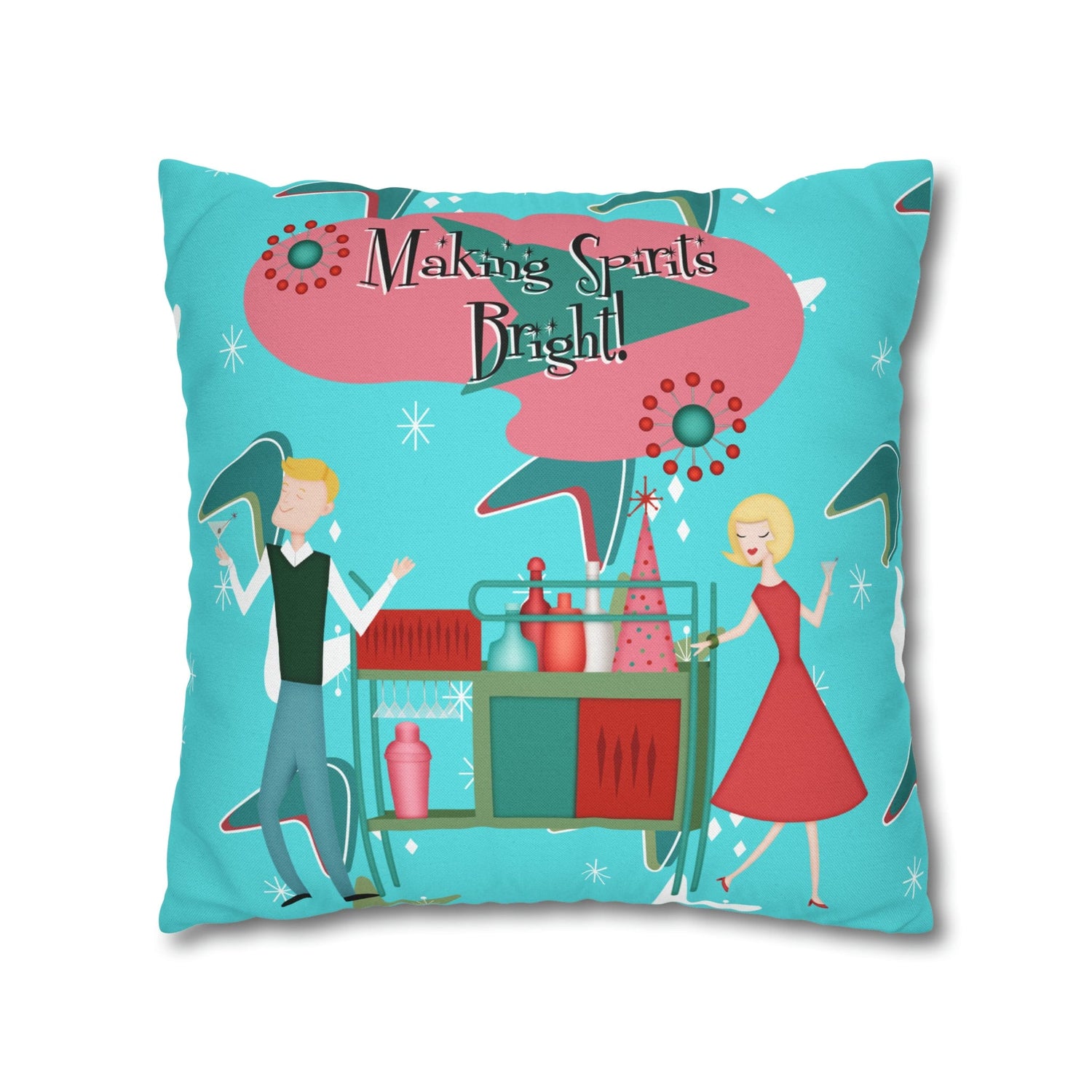 Mid Century Modern Christmas, Making the Spirits Brighter, Atomic Cocktail Kitschy Holiday Christmas Pillow Case Home Decor