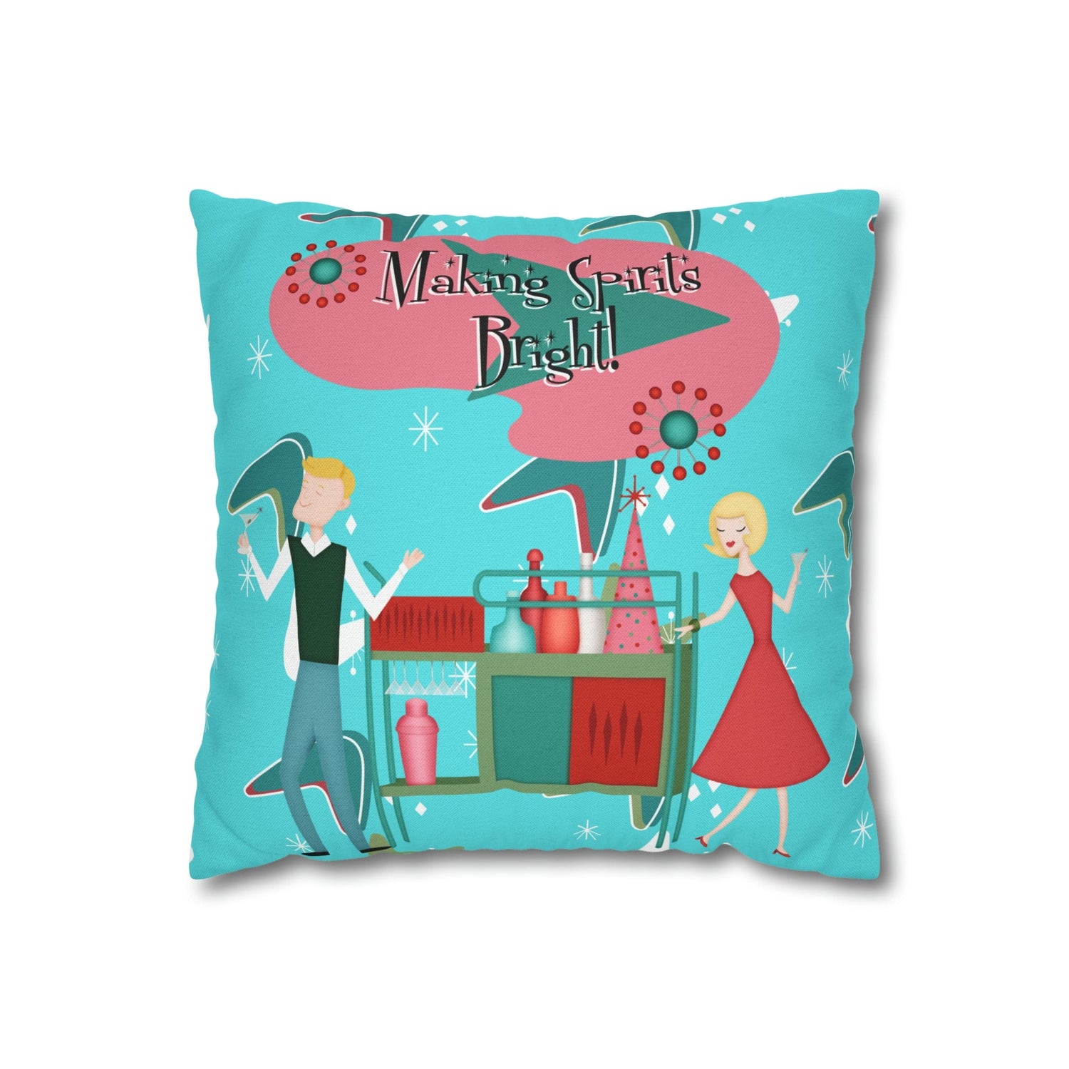 Mid Century Modern Christmas, Making the Spirits Brighter, Atomic Cocktail Kitschy Holiday Christmas Pillow Case Home Decor