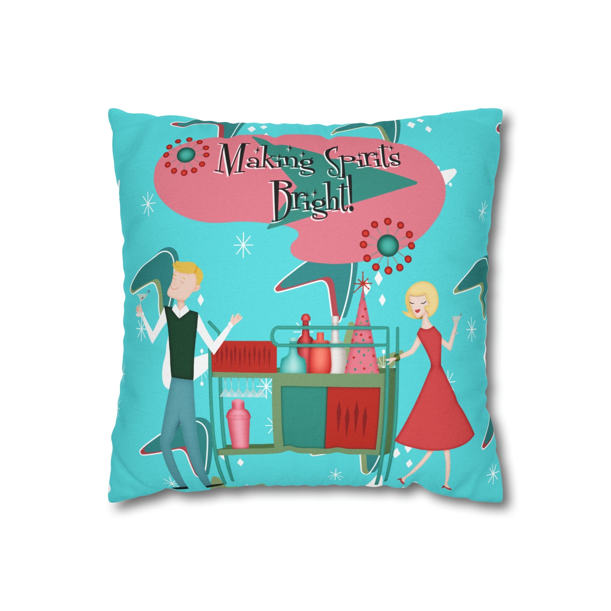 Mid Century Modern Christmas, Making the Spirits Brighter, Atomic Cocktail Kitschy Holiday Christmas Pillow Case Home Decor