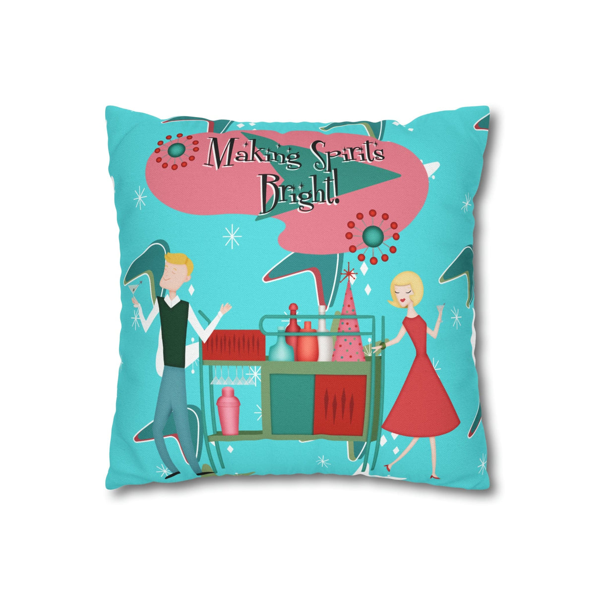 Mid Century Modern Christmas, Making the Spirits Brighter, Atomic Cocktail Kitschy Holiday Christmas Pillow Case Home Decor