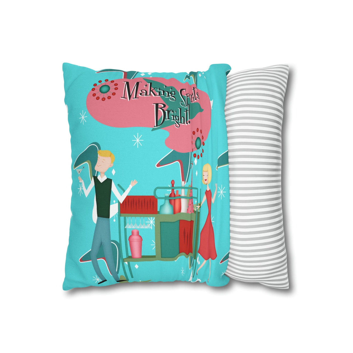 Mid Century Modern Christmas, Making the Spirits Brighter, Atomic Cocktail Kitschy Holiday Christmas Pillow Case Home Decor