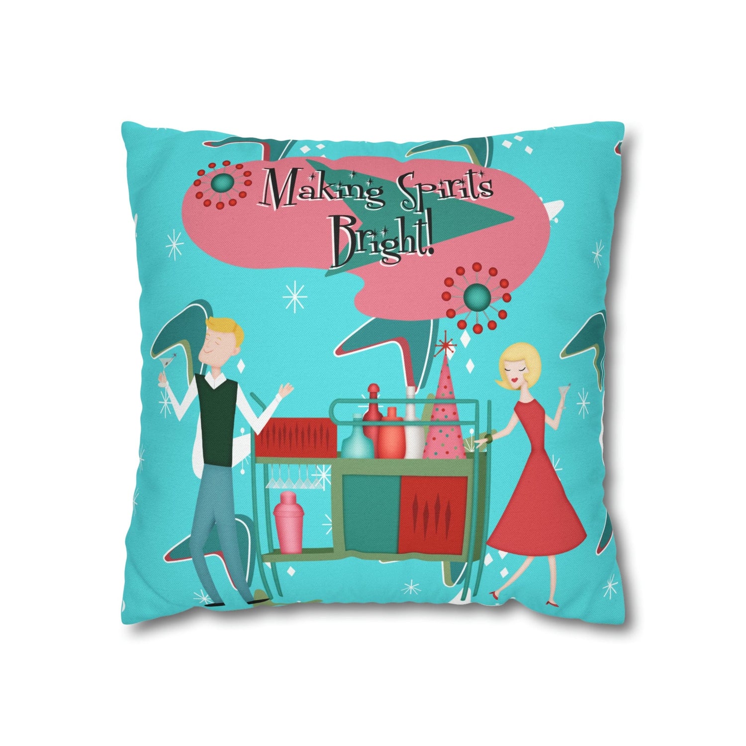 Mid Century Modern Christmas, Making the Spirits Brighter, Atomic Cocktail Kitschy Holiday Christmas Pillow Case Home Decor