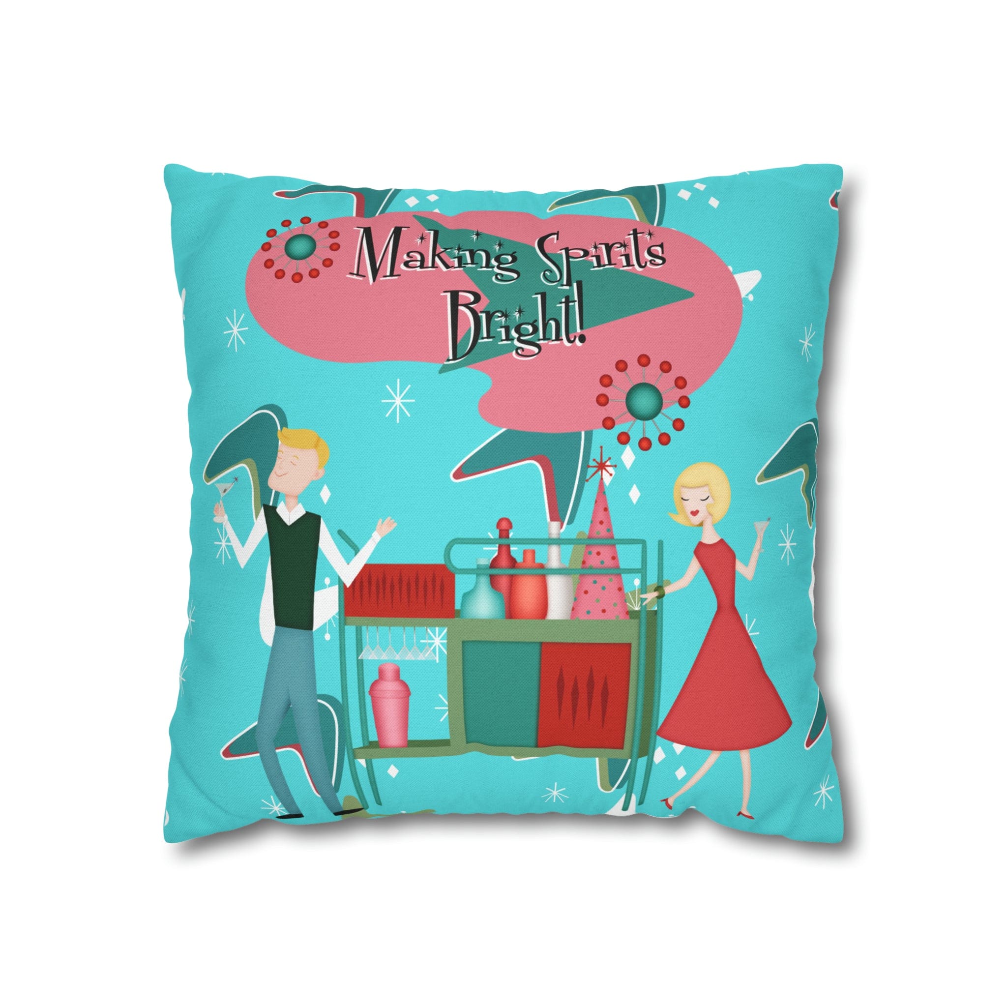 Mid Century Modern Christmas, Making the Spirits Brighter, Atomic Cocktail Kitschy Holiday Christmas Pillow Case Home Decor