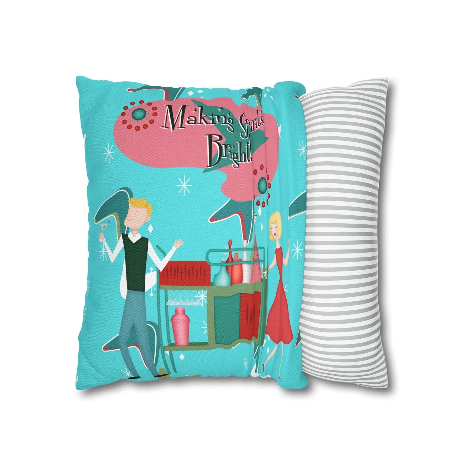 Mid Century Modern Christmas, Making the Spirits Brighter, Atomic Cocktail Kitschy Holiday Christmas Pillow Case Home Decor