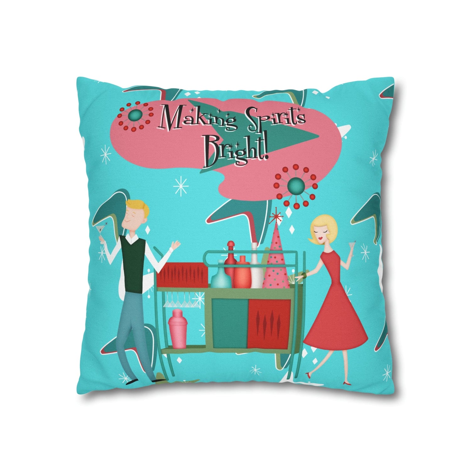 Mid Century Modern Christmas, Making the Spirits Brighter, Atomic Cocktail Kitschy Holiday Christmas Pillow Case Home Decor