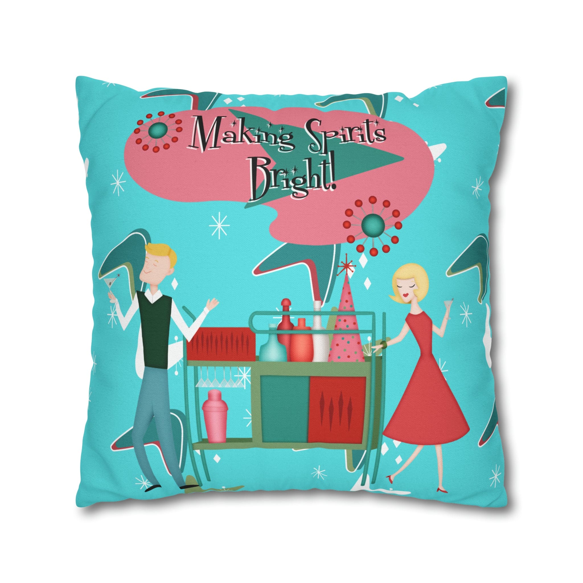 Mid Century Modern Christmas, Making the Spirits Brighter, Atomic Cocktail Kitschy Holiday Christmas Pillow Case Home Decor