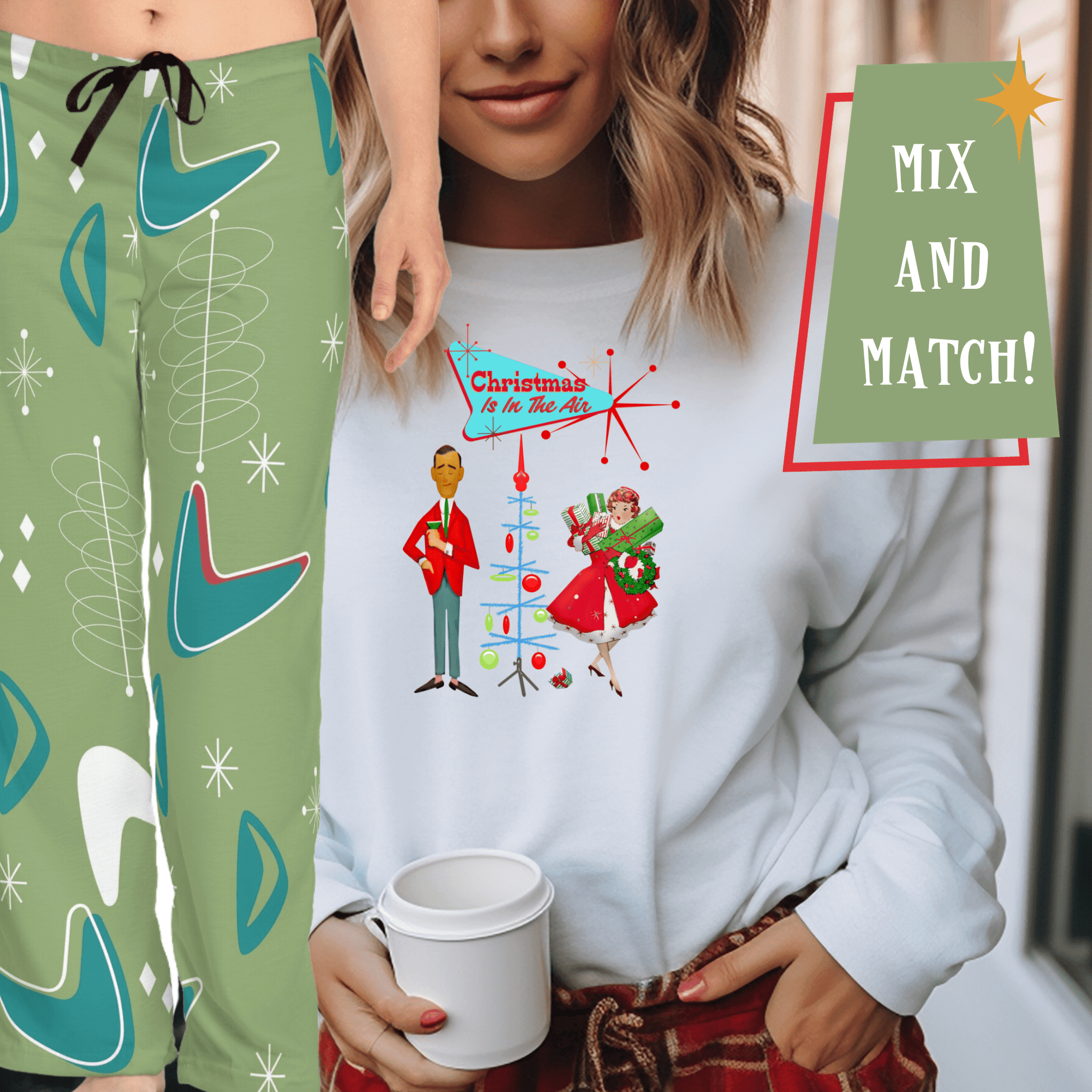 Mid Century Modern Christmas Pajama Loung Pants, Atomic Green, Boomerand Retro Cozy Women&