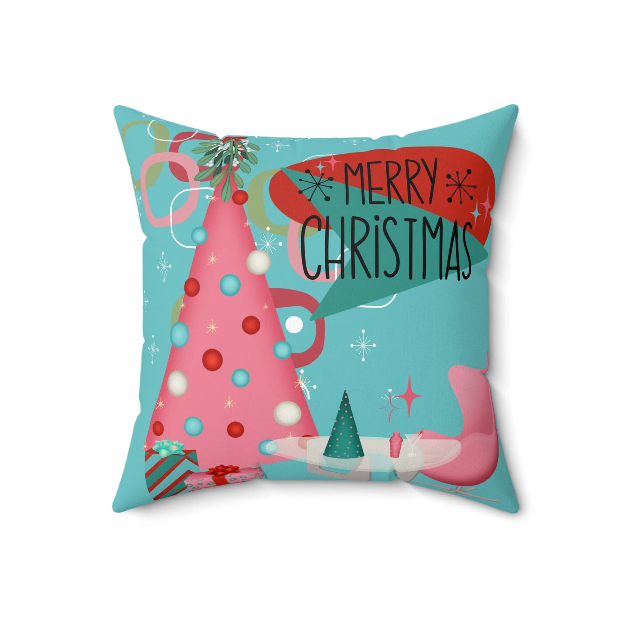 Mid Century Modern Christmas Pillow, Aqua Pink, Whimsical Holiday Kitsch Polyester Square Pillow Home Decor
