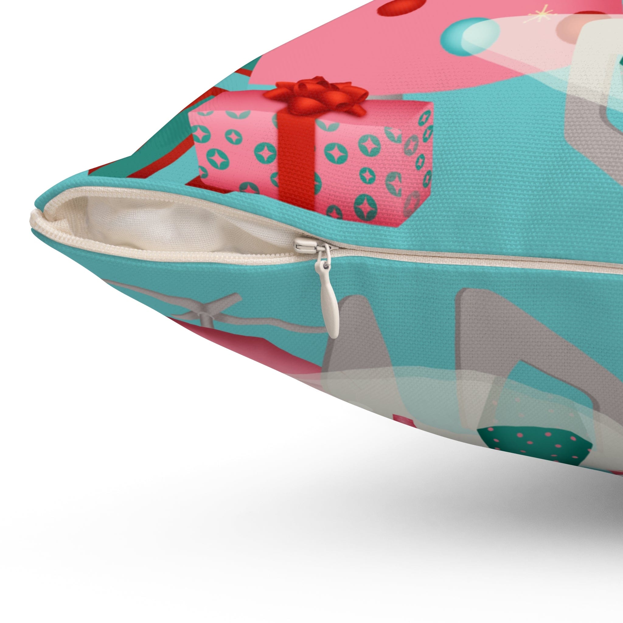 Mid Century Modern Christmas Pillow, Aqua Pink, Whimsical Holiday Kitsch Polyester Square Pillow Home Decor
