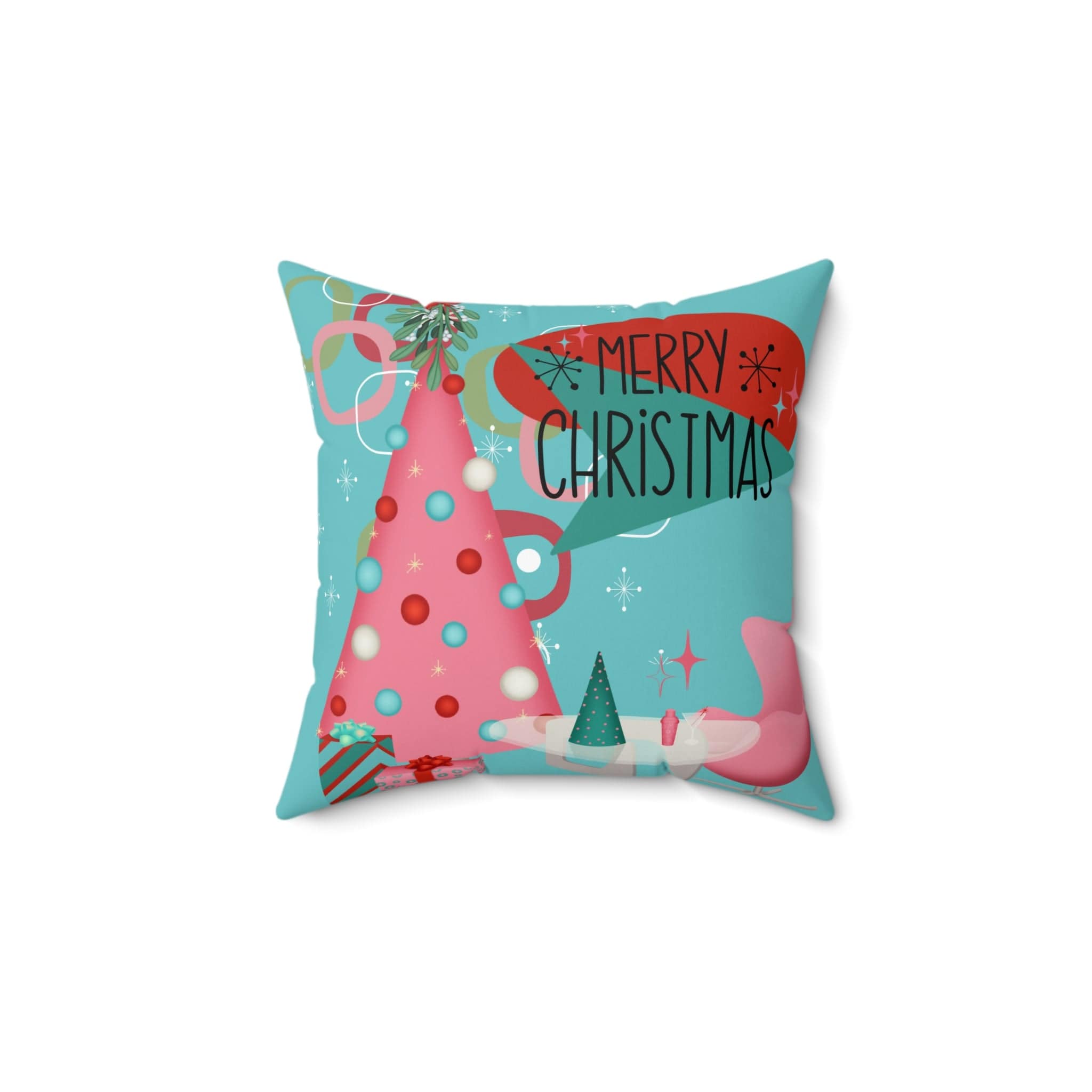 Mid Century Modern Christmas Pillow, Aqua Pink, Whimsical Holiday Kitsch Polyester Square Pillow Home Decor