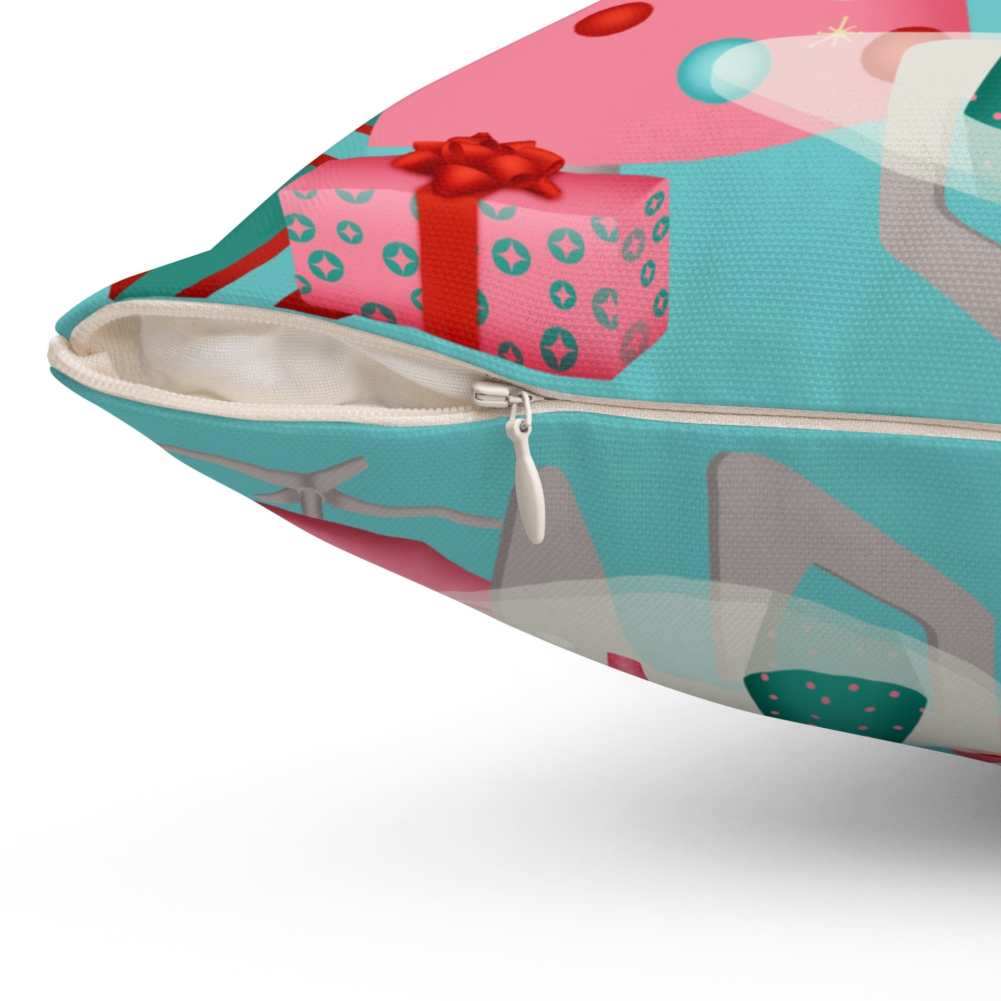Mid Century Modern Christmas Pillow, Aqua Pink, Whimsical Holiday Kitsch Polyester Square Pillow Home Decor