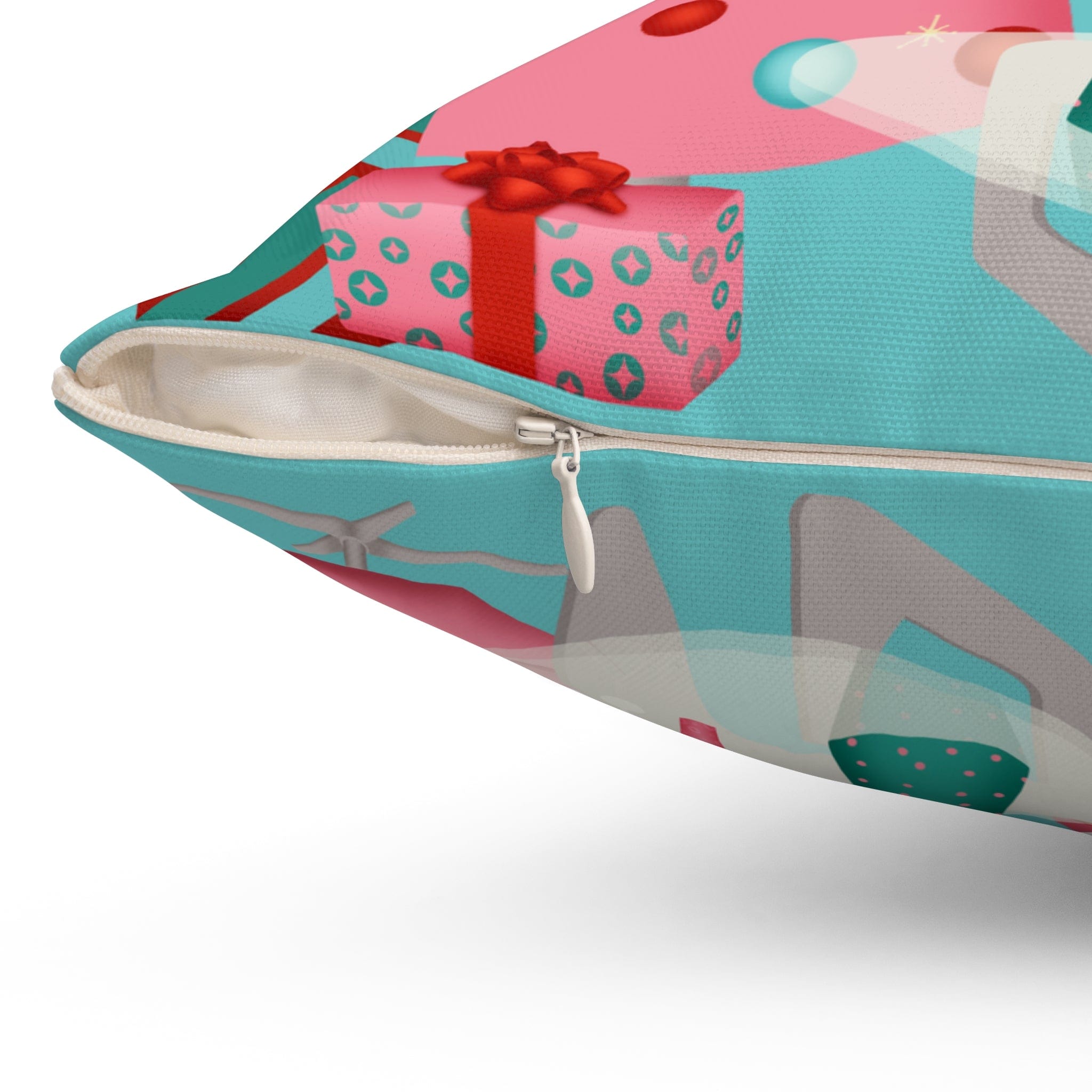 Mid Century Modern Christmas Pillow, Aqua Pink, Whimsical Holiday Kitsch Polyester Square Pillow Home Decor