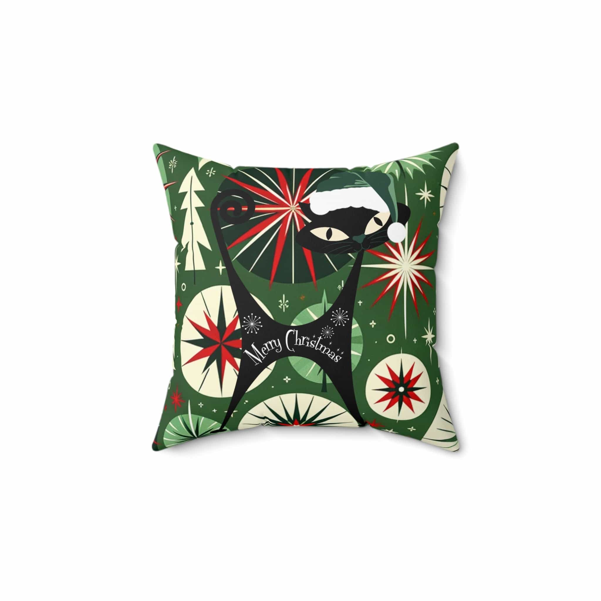 Mid Century Modern Christmas Pillow, Atomic Cat, Starbursts, Sputnik Designs, Green, Red Pillow And Insert Home Decor