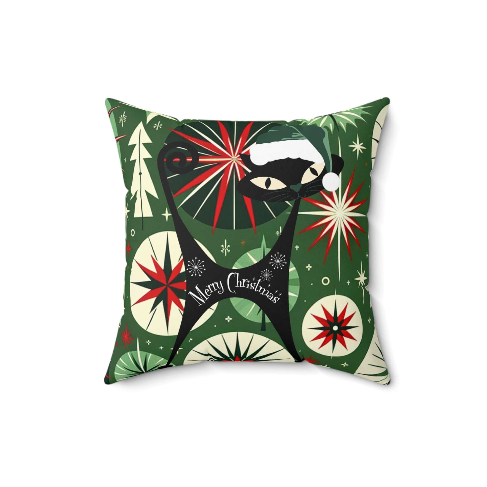 Mid Century Modern Christmas Pillow, Atomic Cat, Starbursts, Sputnik Designs, Green, Red Pillow And Insert Home Decor