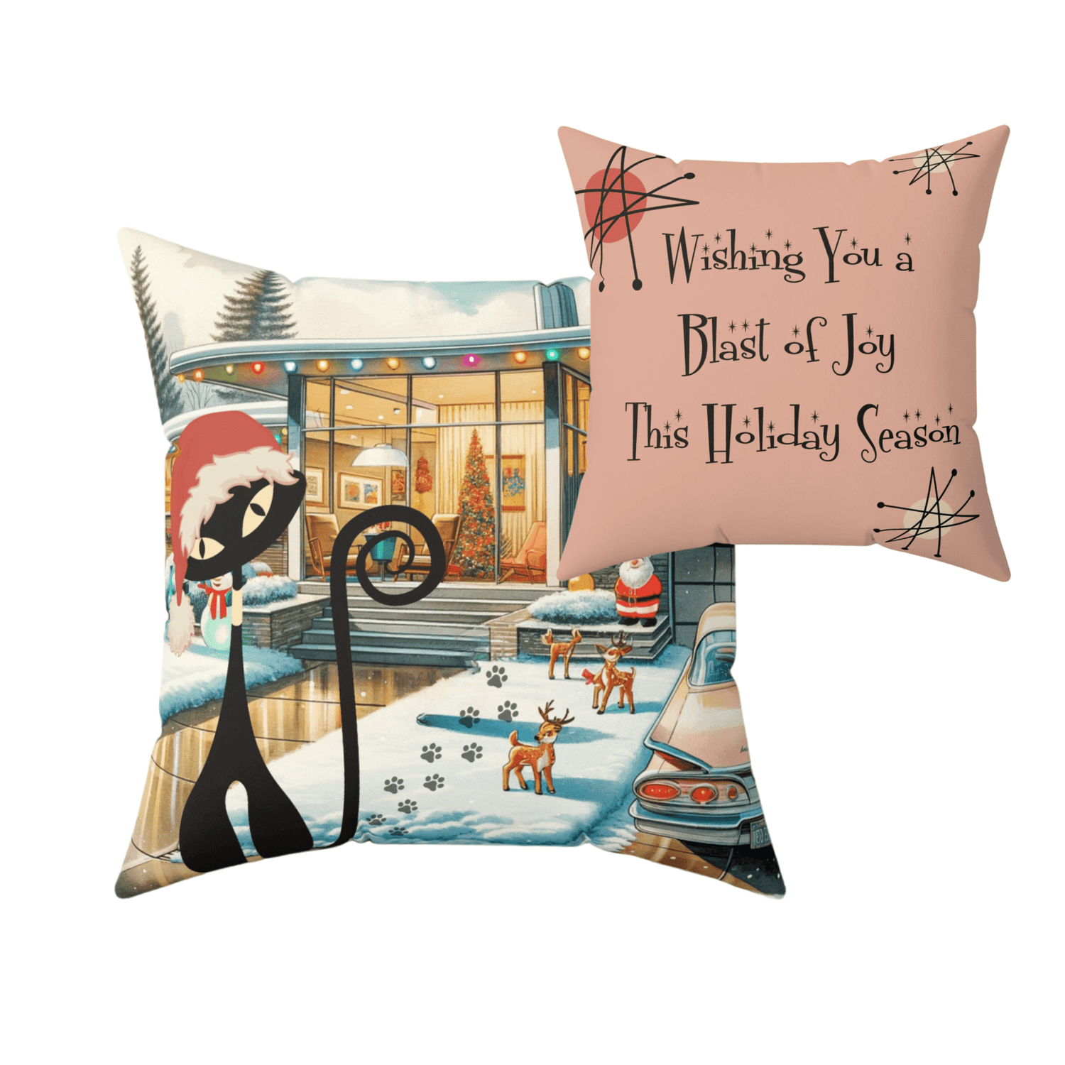 Mid Century Modern Christmas Pillow Gift, Wishing You A Blast Of Joy This Holiday Season, Atomic Cat, Kitschy Style Pillow And Insert Home Decor