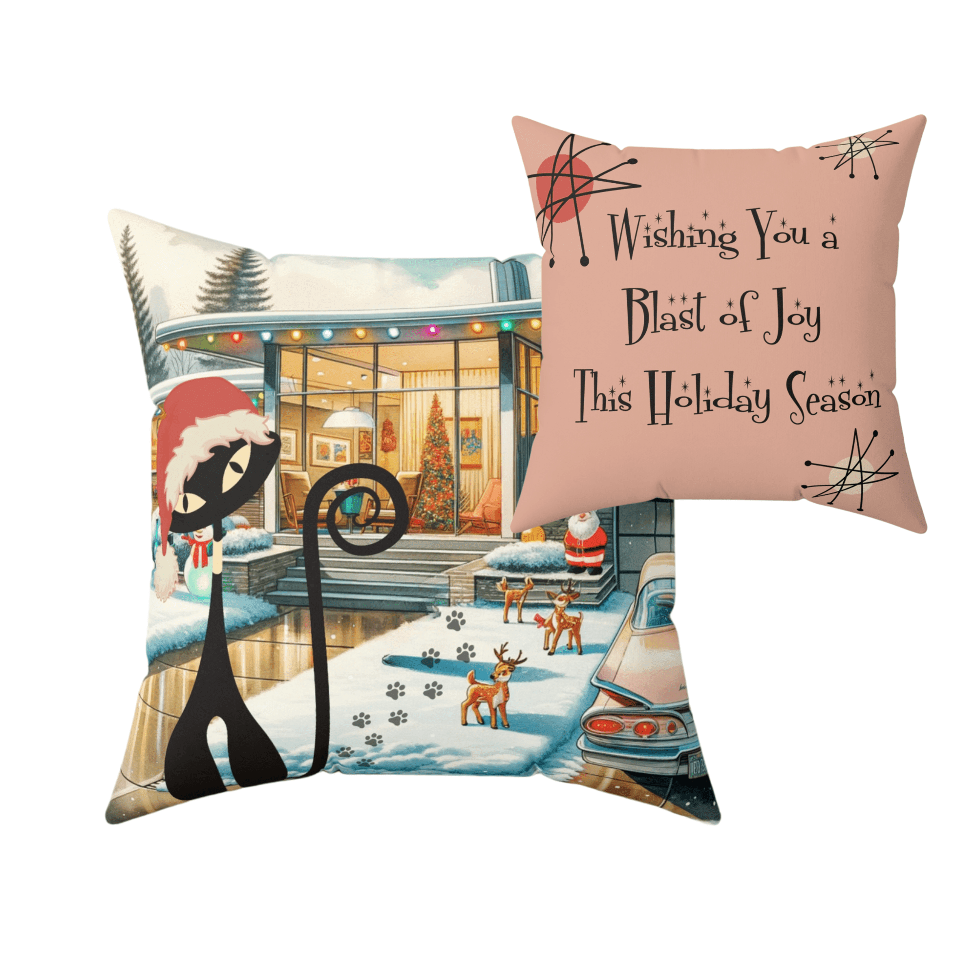 Mid Century Modern Christmas Pillow Gift, Wishing You A Blast Of Joy This Holiday Season, Atomic Cat, Kitschy Style Pillow And Insert Home Decor