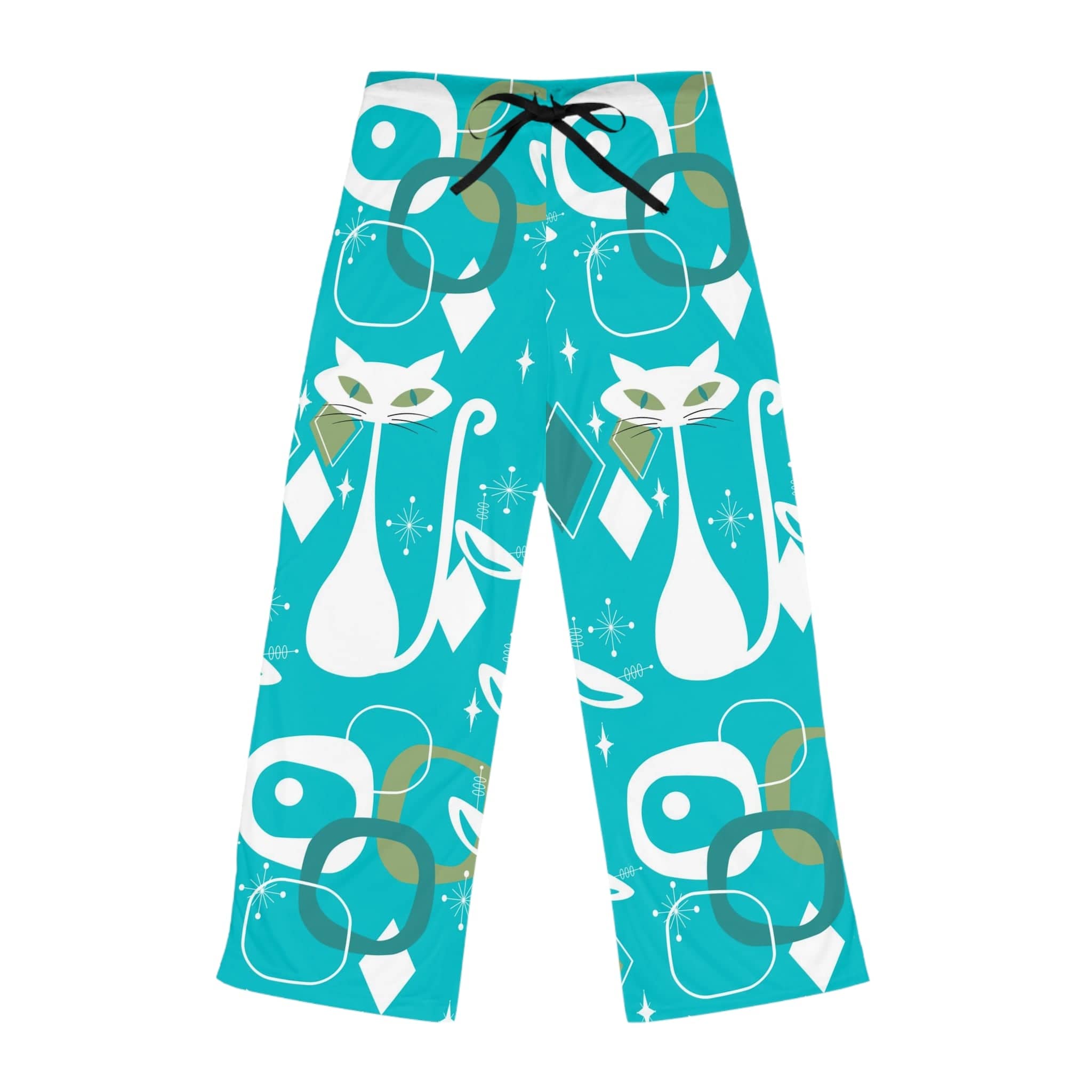 Mid Century Modern Christmas PJ Bottoms, Aqua Blue, White Kitschy Cats, Comfy Cozy Loungewear Women&