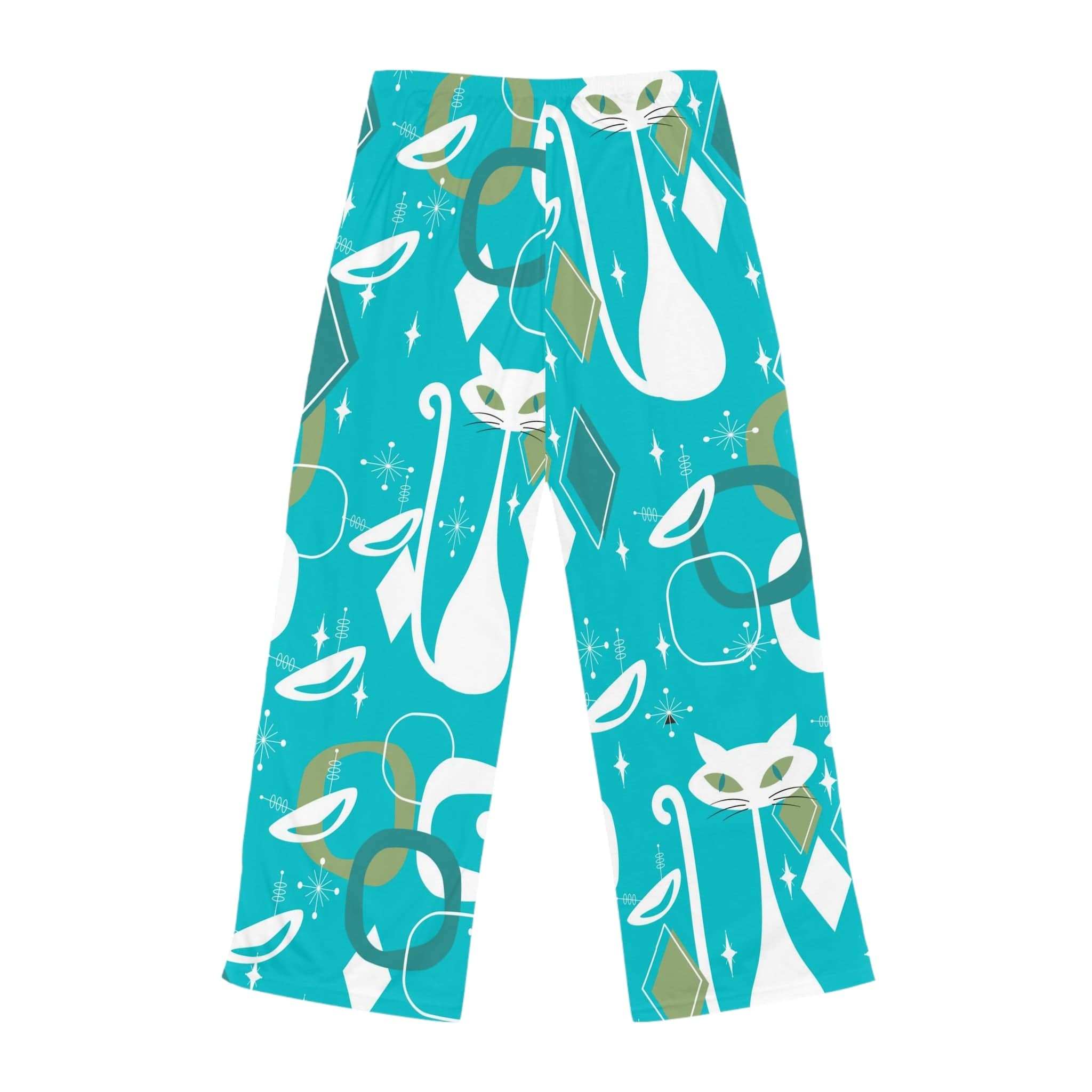 Mid Century Modern Christmas PJ Bottoms, Aqua Blue, White Kitschy Cats, Comfy Cozy Loungewear Women&