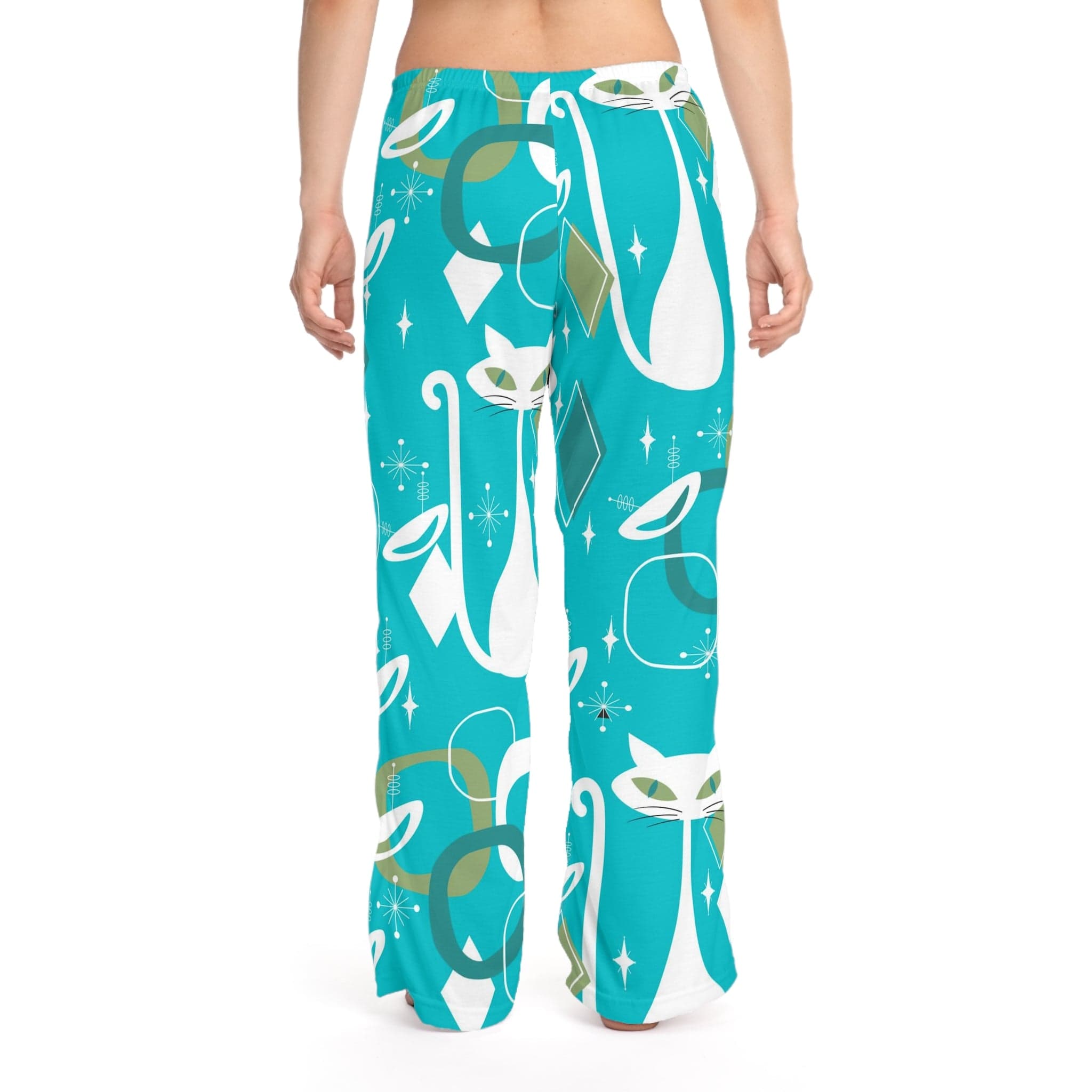 Mid Century Modern Christmas PJ Bottoms, Aqua Blue, White Kitschy Cats, Comfy Cozy Loungewear Women&