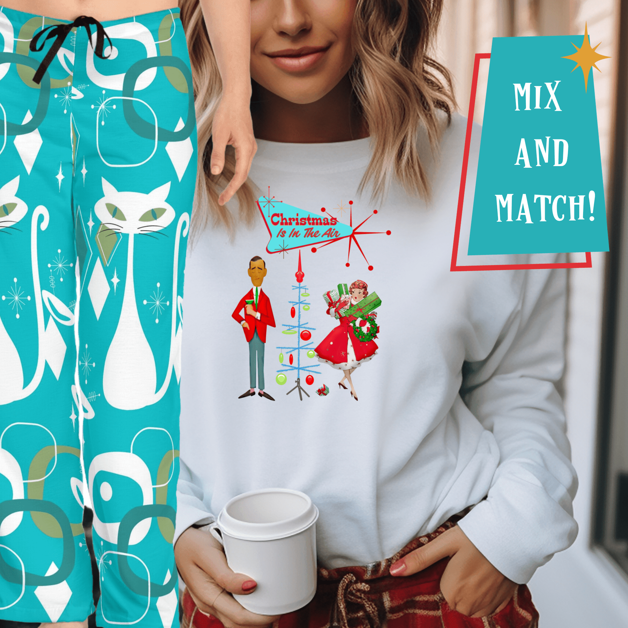 Mid Century Modern Christmas PJ Bottoms, Aqua Blue, White Kitschy Cats, Comfy Cozy Loungewear Women&
