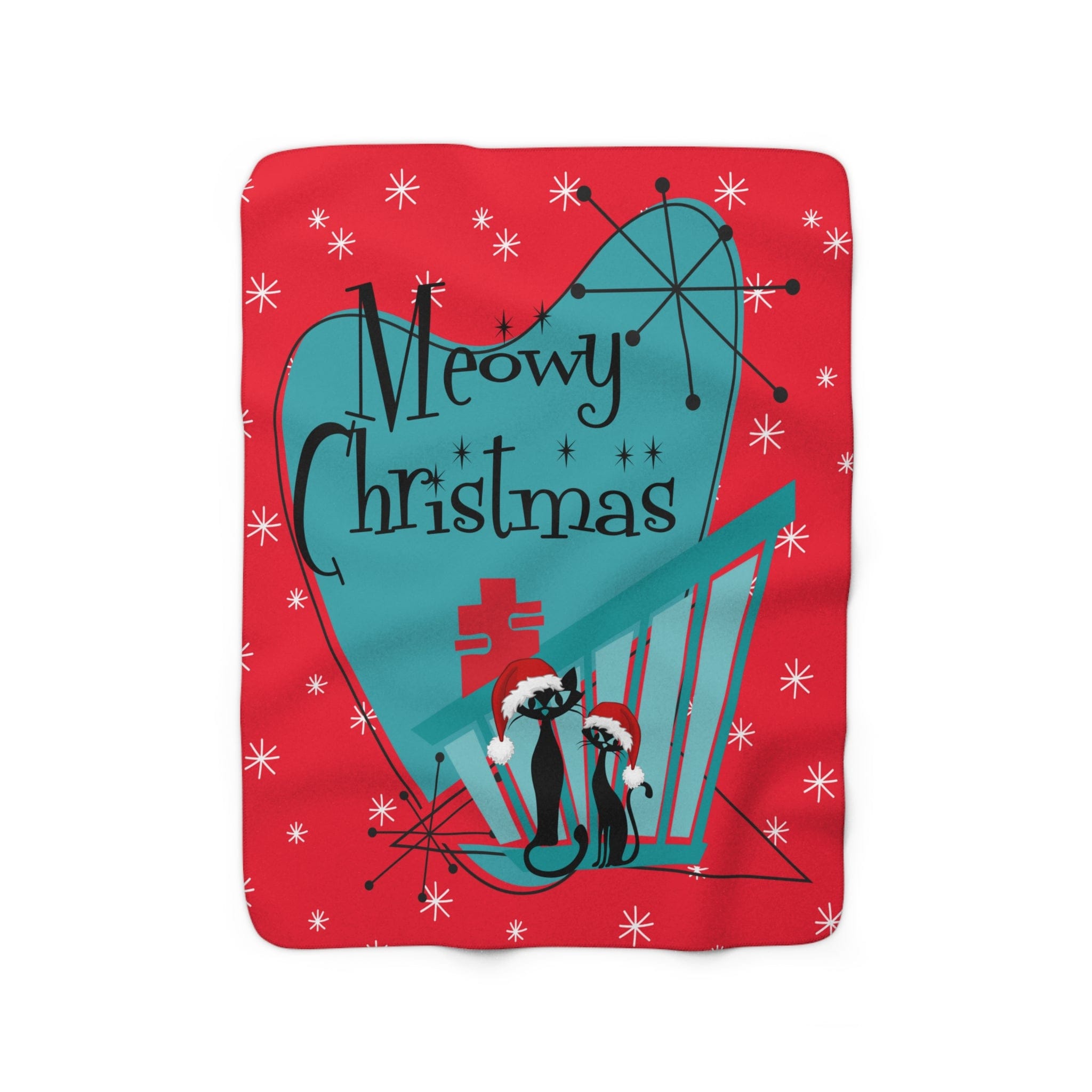Mid Century Modern Christmas Red, Teal, Kitschy Aomic Cats, Meowy Christmas, Sherpa Fleece Blanket Home Decor