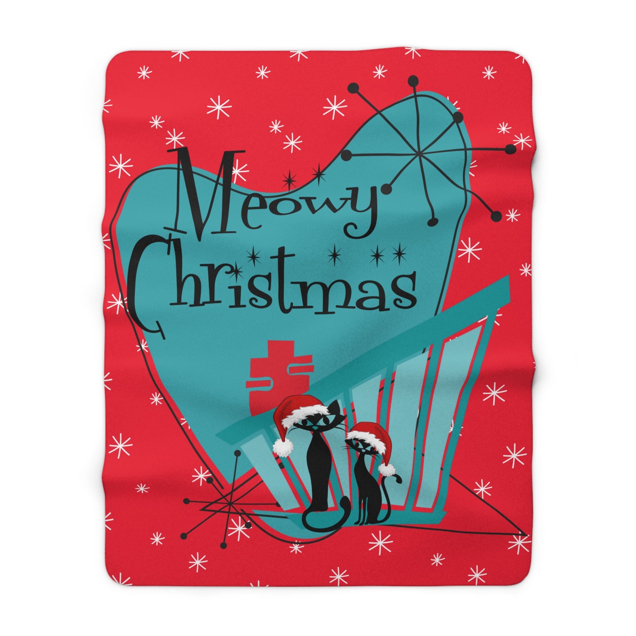 Mid Century Modern Christmas Red, Teal, Kitschy Aomic Cats, Meowy Christmas, Sherpa Fleece Blanket Home Decor