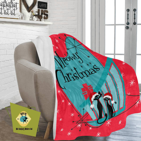Mid Century Modern Christmas Red, Teal, Kitschy Aomic Cats, Meowy Christmas, Sherpa Fleece Blanket