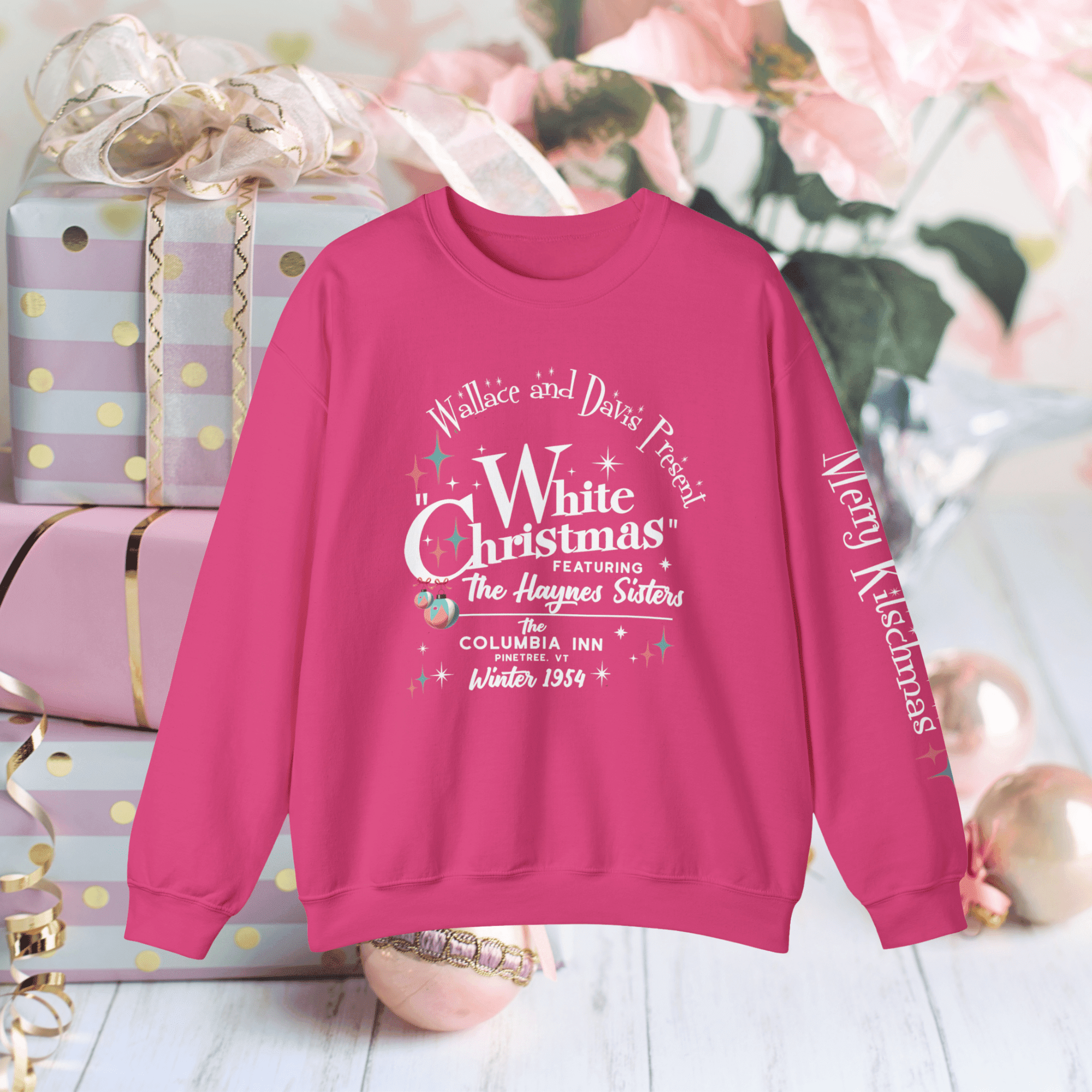 Mid Century Modern Christmas Sweatshirt, Wallace And Davis Present A White Christmas 1954 Movie Kitschy Christmas Sweatshirt