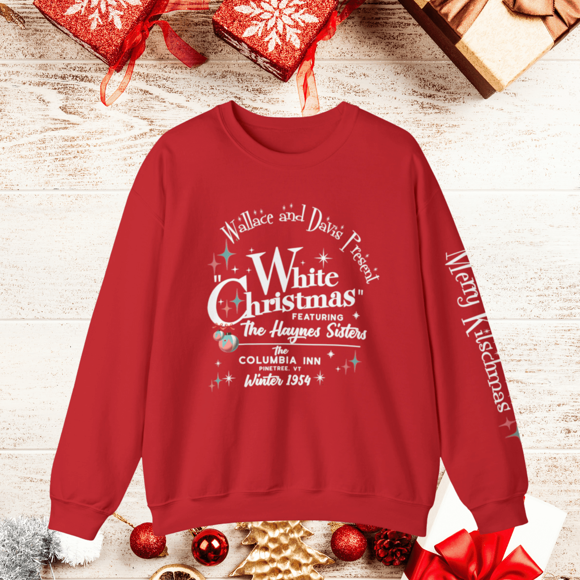 Mid Century Modern Christmas Sweatshirt, Wallace And Davis Present A White Christmas 1954 Movie Kitschy Christmas Sweatshirt