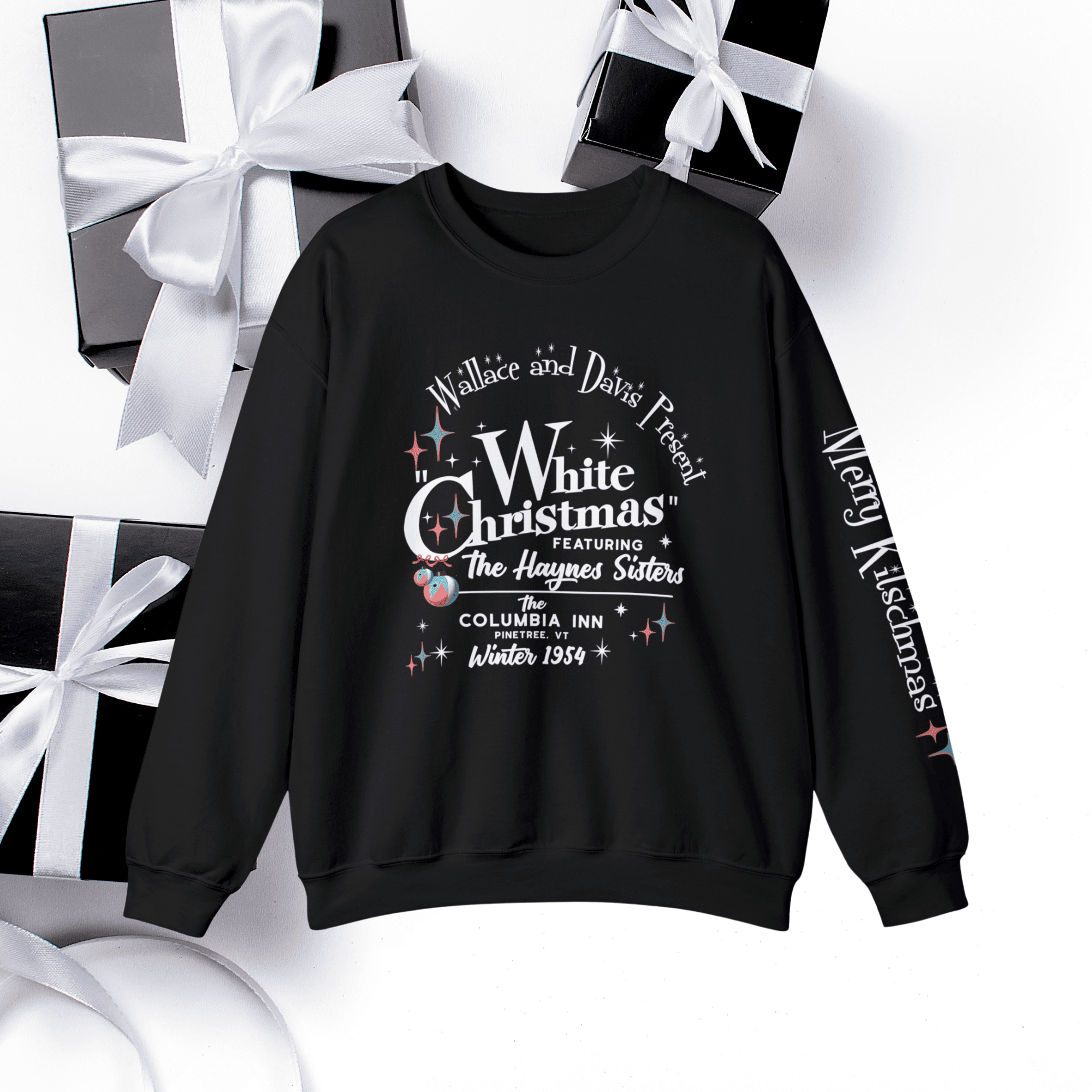 Mid Century Modern Christmas Sweatshirt, Wallace And Davis Present A White Christmas 1954 Movie Kitschy Christmas Sweatshirt