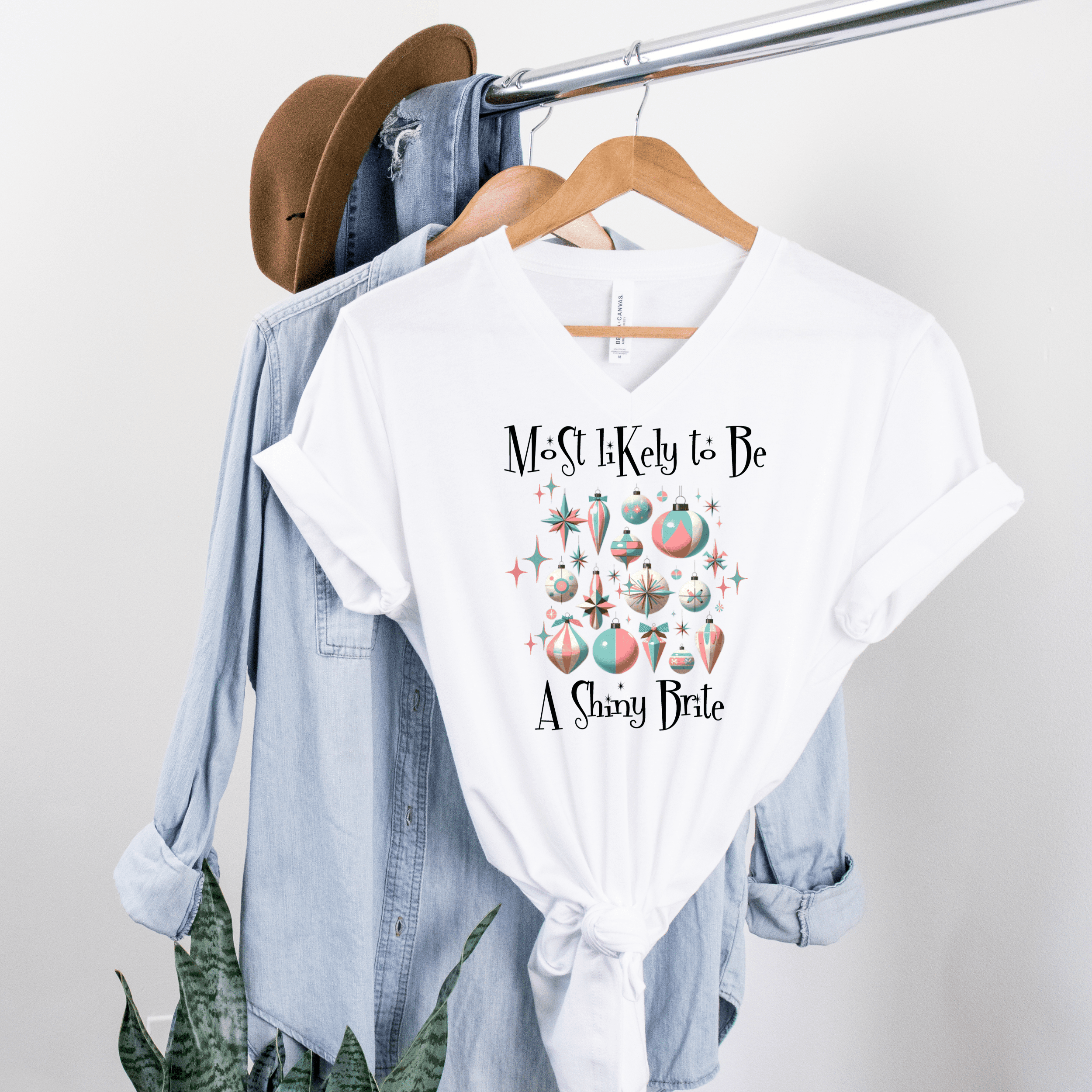 Mid Century Modern Christmas T-Shirt, Most Likely To Be A Starbright Ornaments, Unisex Jersey Short Sleeve V-Neck Tee V-neck