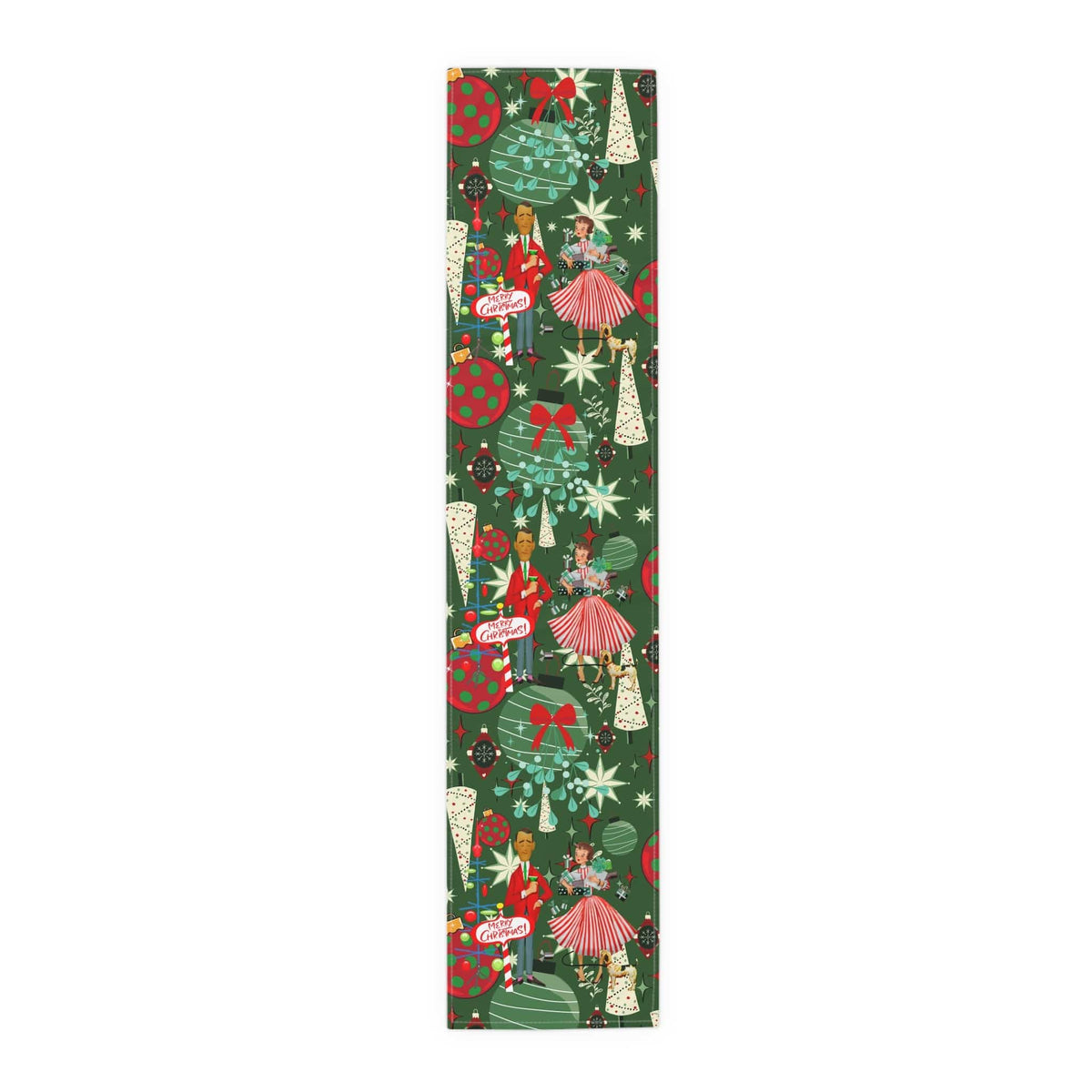 Mid Century Modern Christmas Table Runner, Kitschy 50's Retro Couple, Green, Red, Starbursts MCM Retro Christmas Table Runner Home Decor
