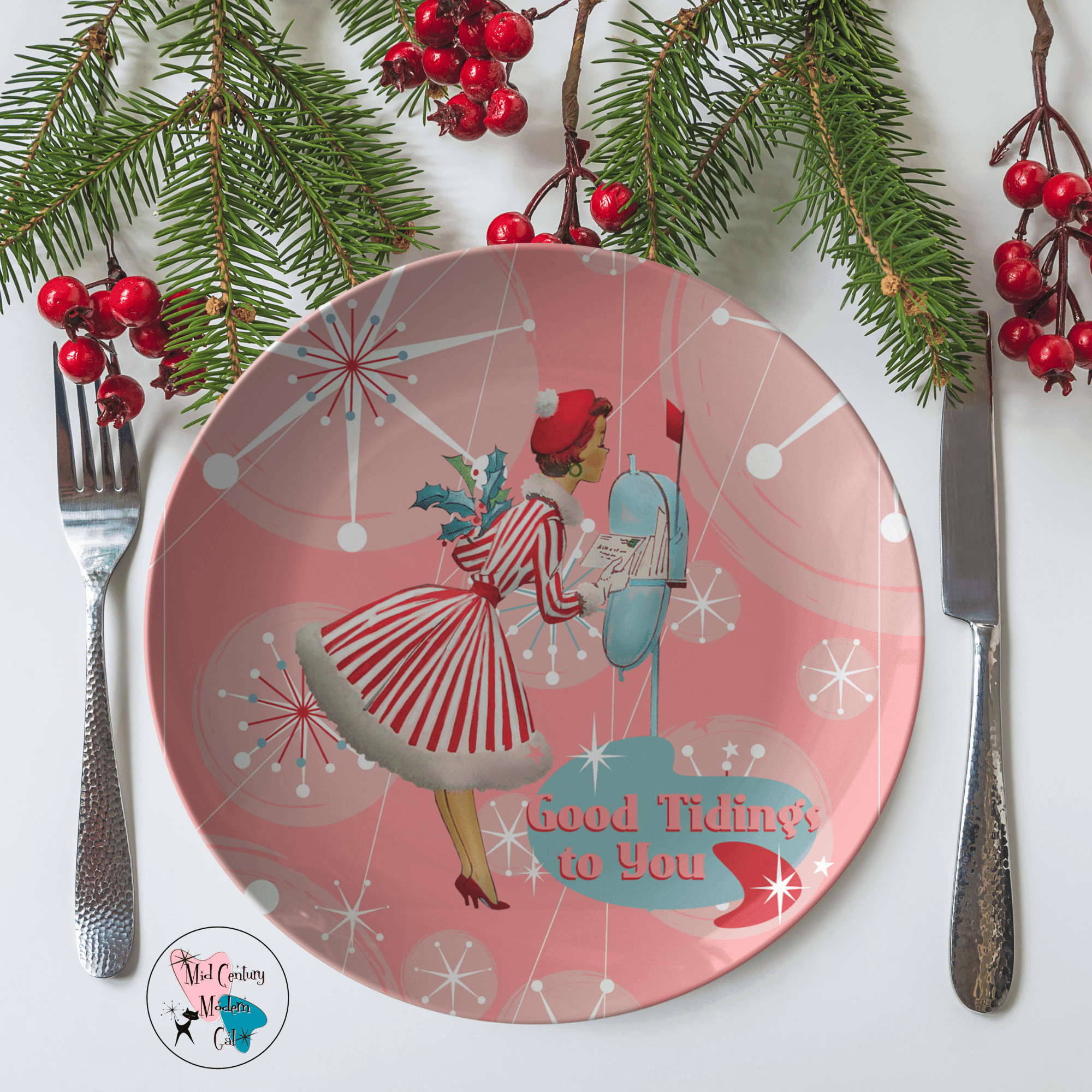 Mid Century Modern Christmas Vintage Graphic, Good Tidings To You Dinnerware Kitchenware