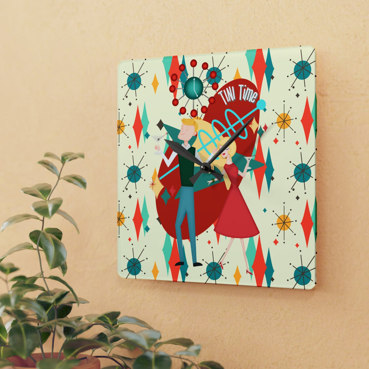Mid Century Modern Clock, Atomic 50's Kitschy Bar Clock, Tini Time, Acrylic Wall Clock Home Decor
