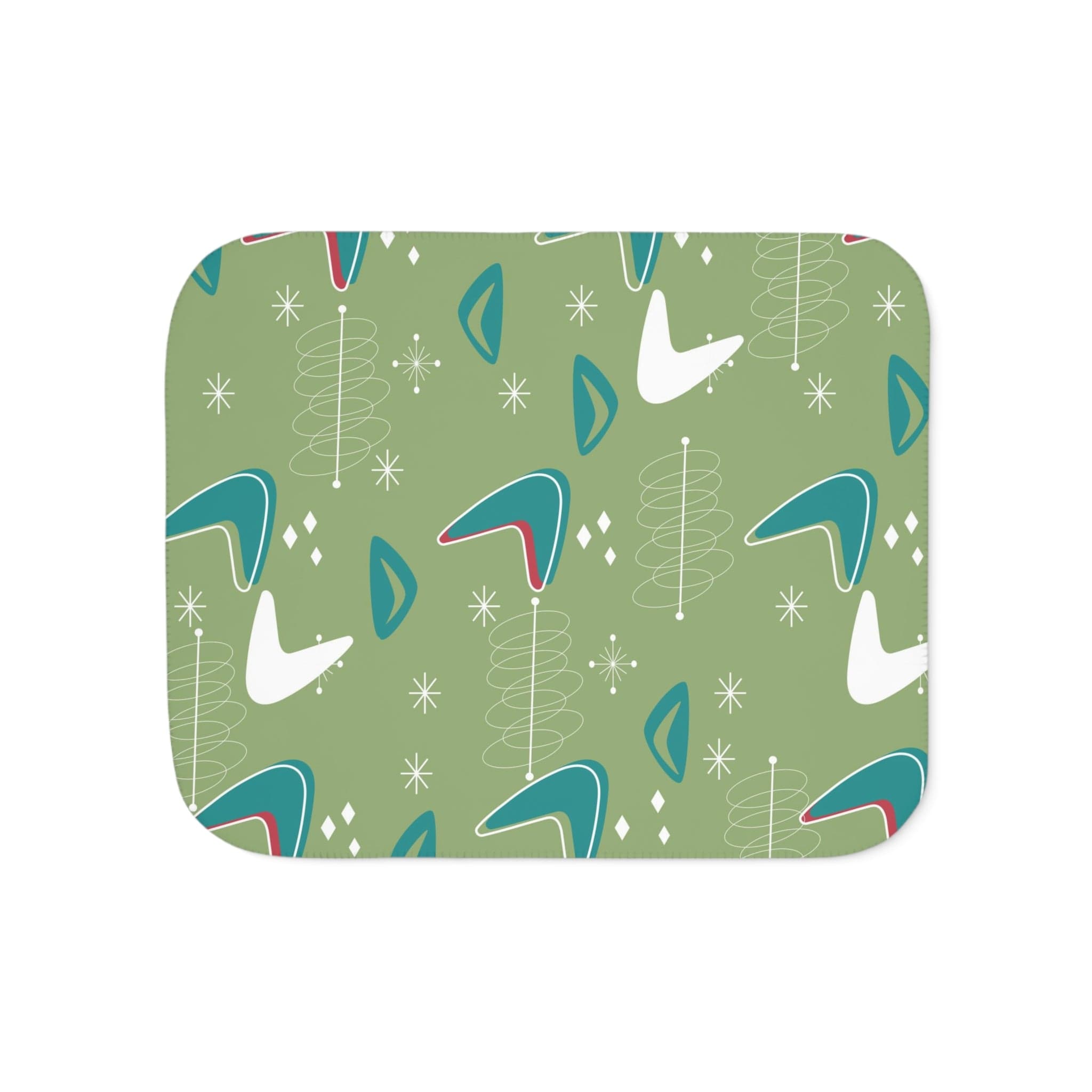 Mid Century Modern Cosmic Designs, Green, Teal, White Boomerang MCM Sherpa Blanket Home Decor