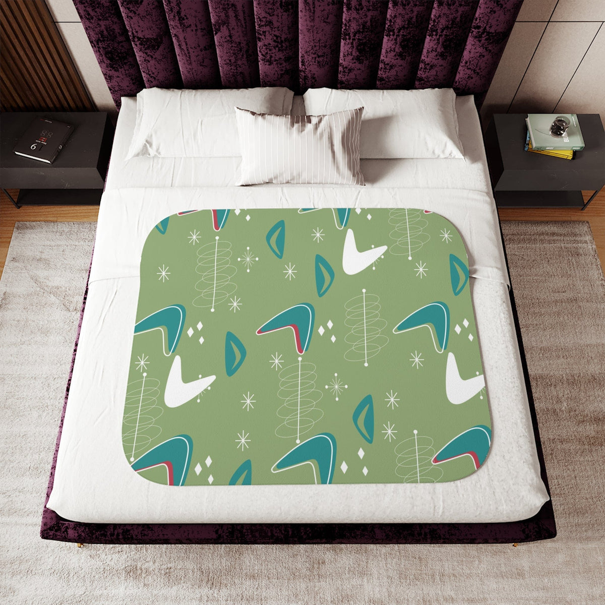 Mid Century Modern Cosmic Designs, Green, Teal, White Boomerang MCM Sherpa Blanket Home Decor