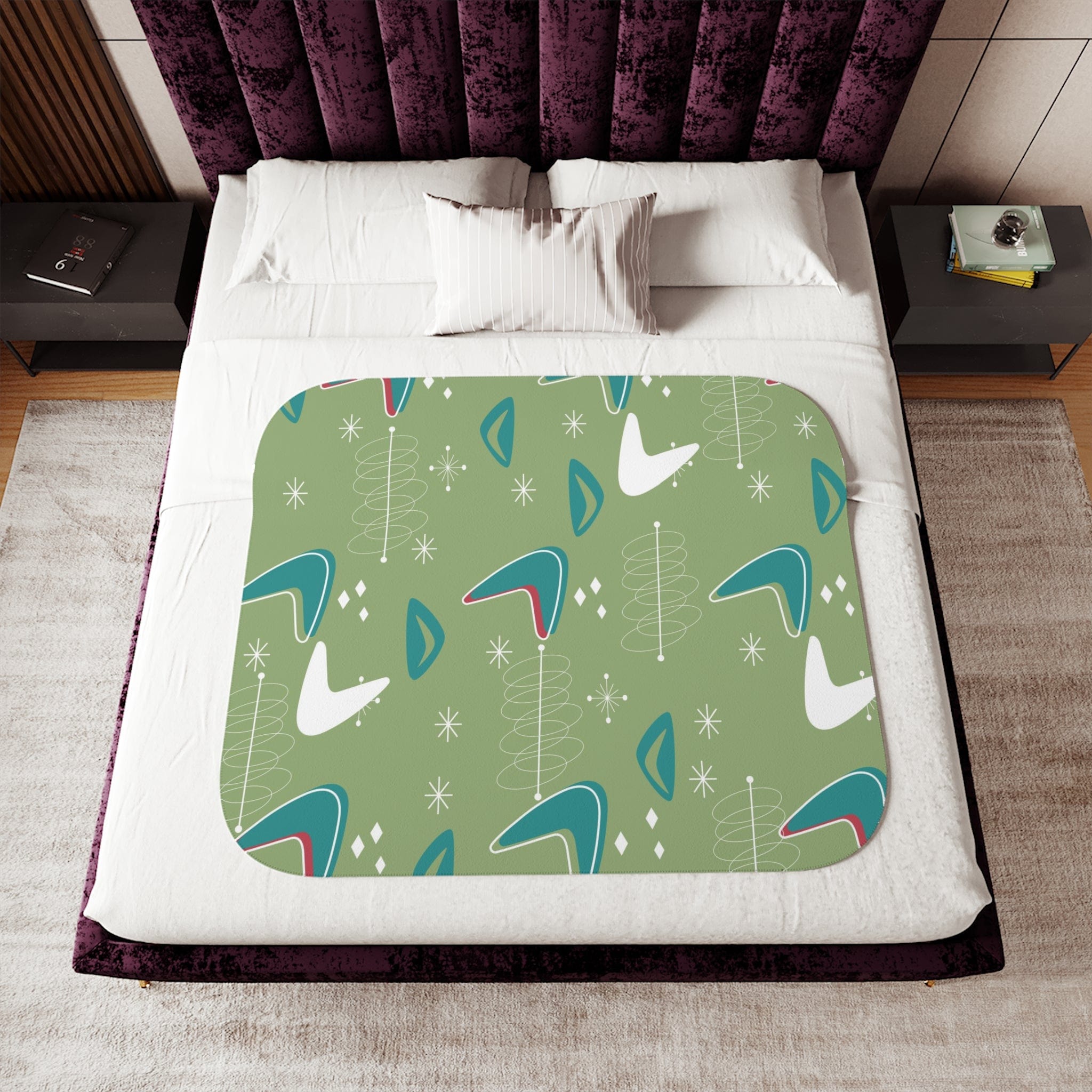 Mid Century Modern Cosmic Designs, Green, Teal, White Boomerang MCM Sherpa Blanket Home Decor
