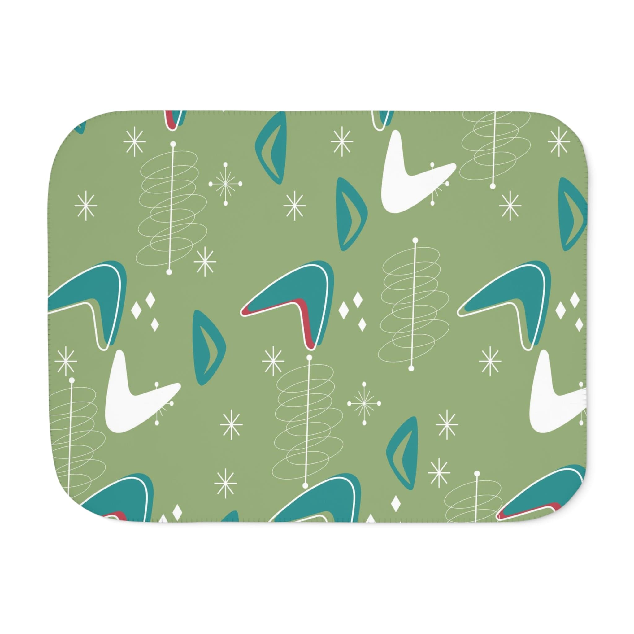 Mid Century Modern Cosmic Designs, Green, Teal, White Boomerang MCM Sherpa Blanket Home Decor