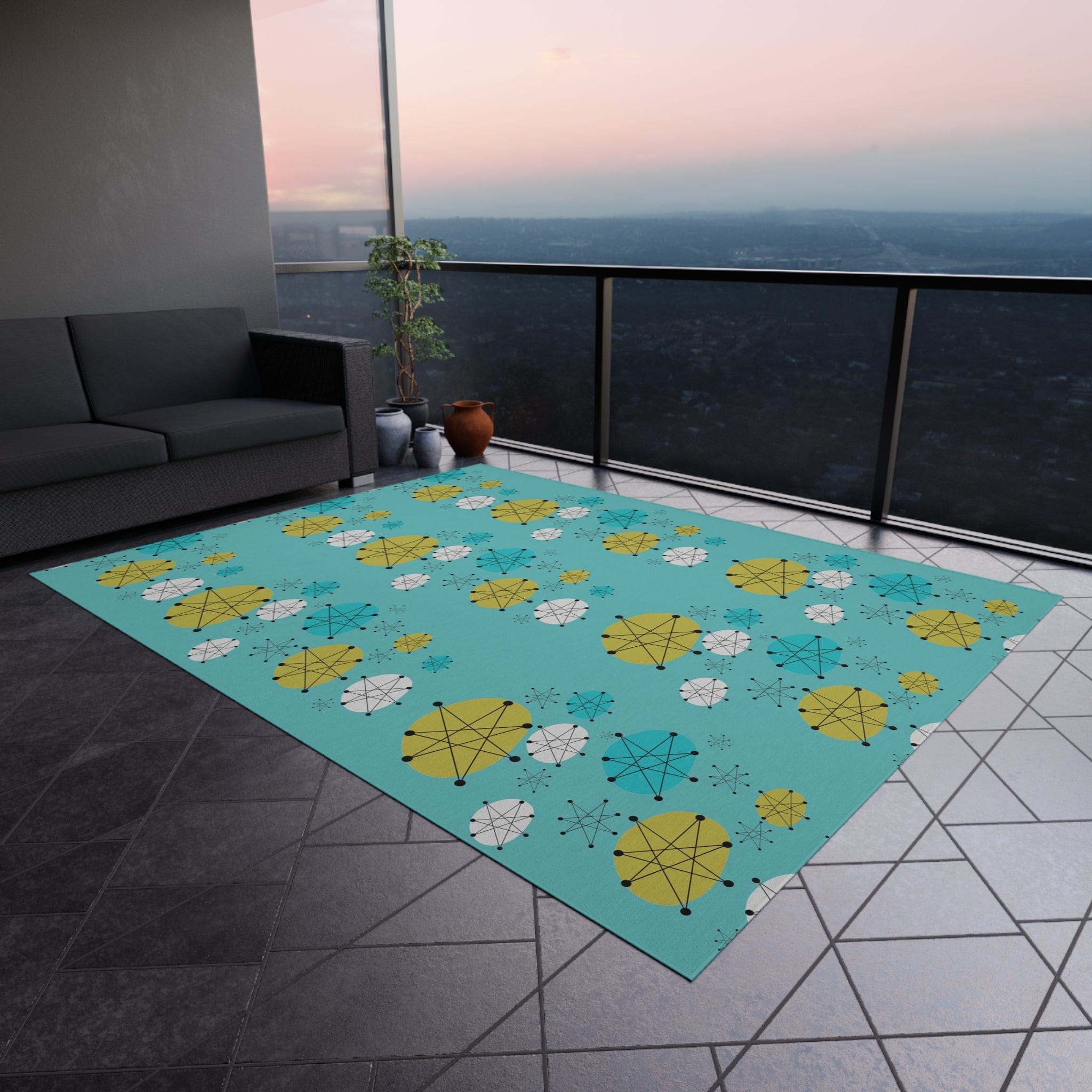 Mid Century Modern Design Francsican Starburst Atomic Aqua Blue Patio Rug, 50&