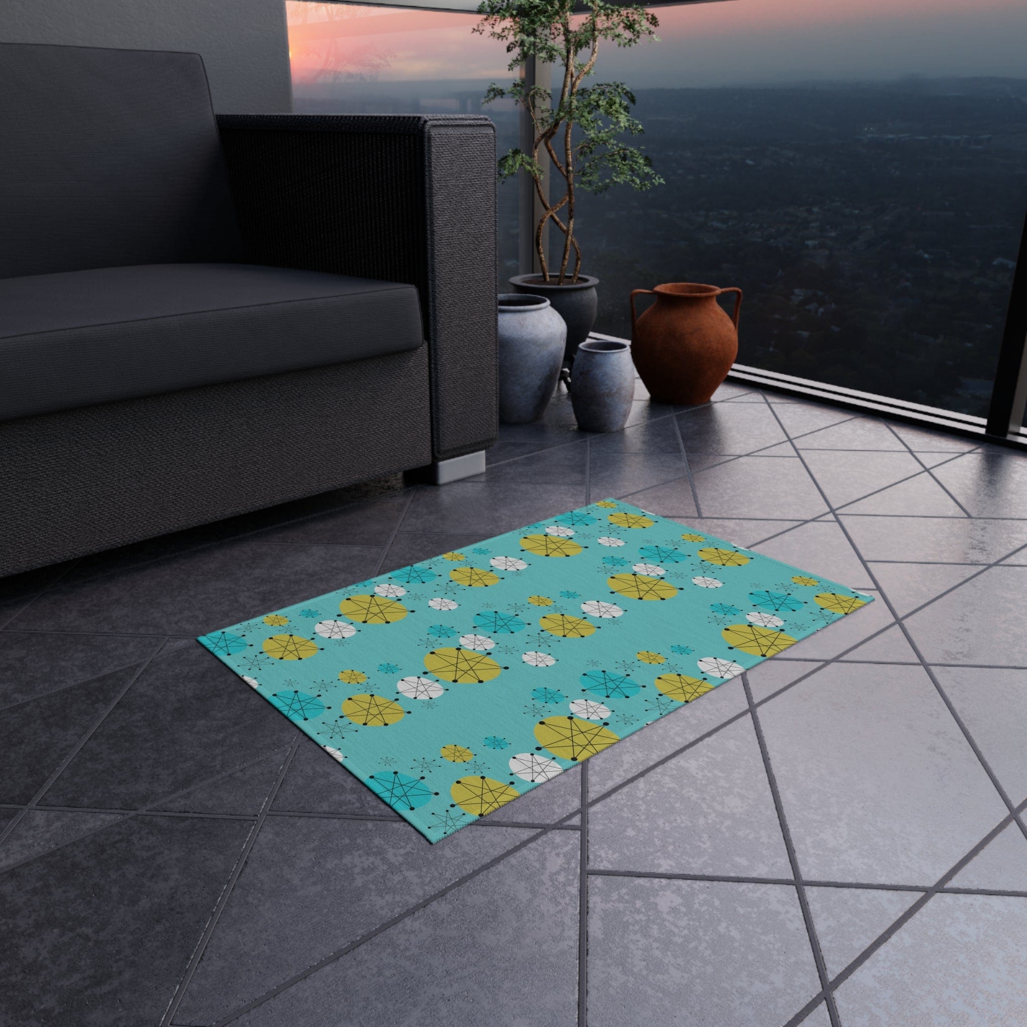 Mid Century Modern Design Francsican Starburst Atomic Aqua Blue Patio Rug, 50&