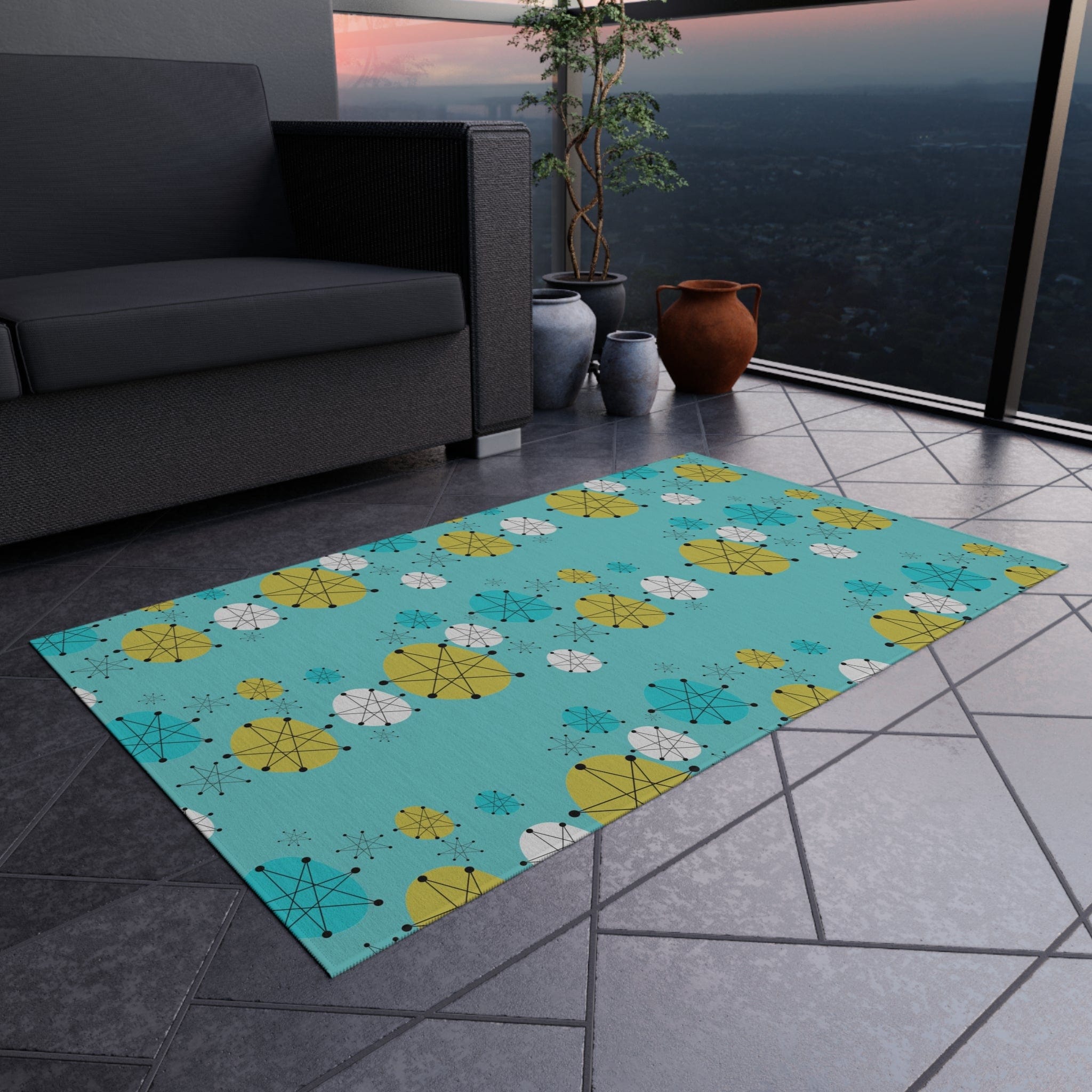 Mid Century Modern Design Francsican Starburst Atomic Aqua Blue Patio Rug, 50&