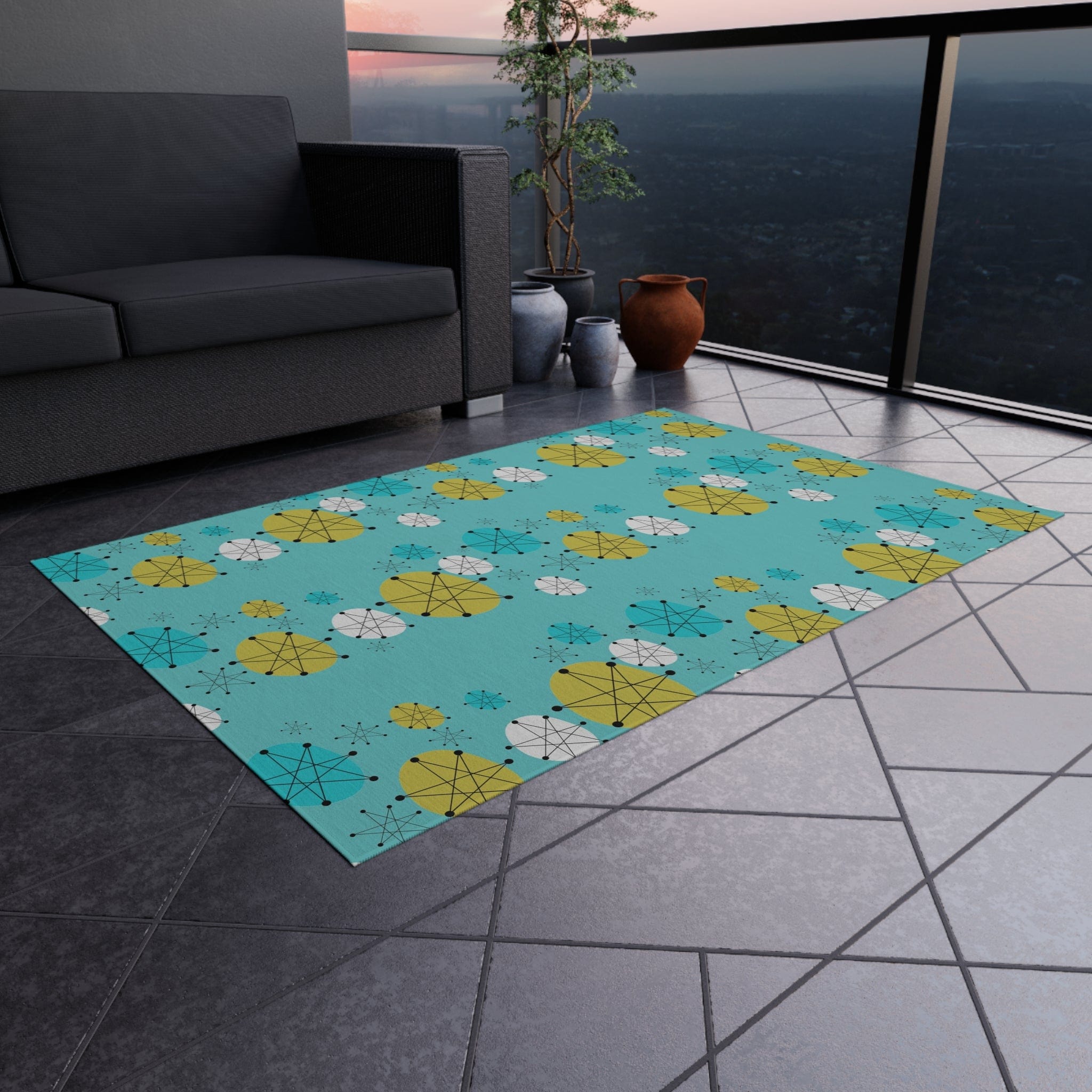 Mid Century Modern Design Francsican Starburst Atomic Aqua Blue Patio Rug, 50&