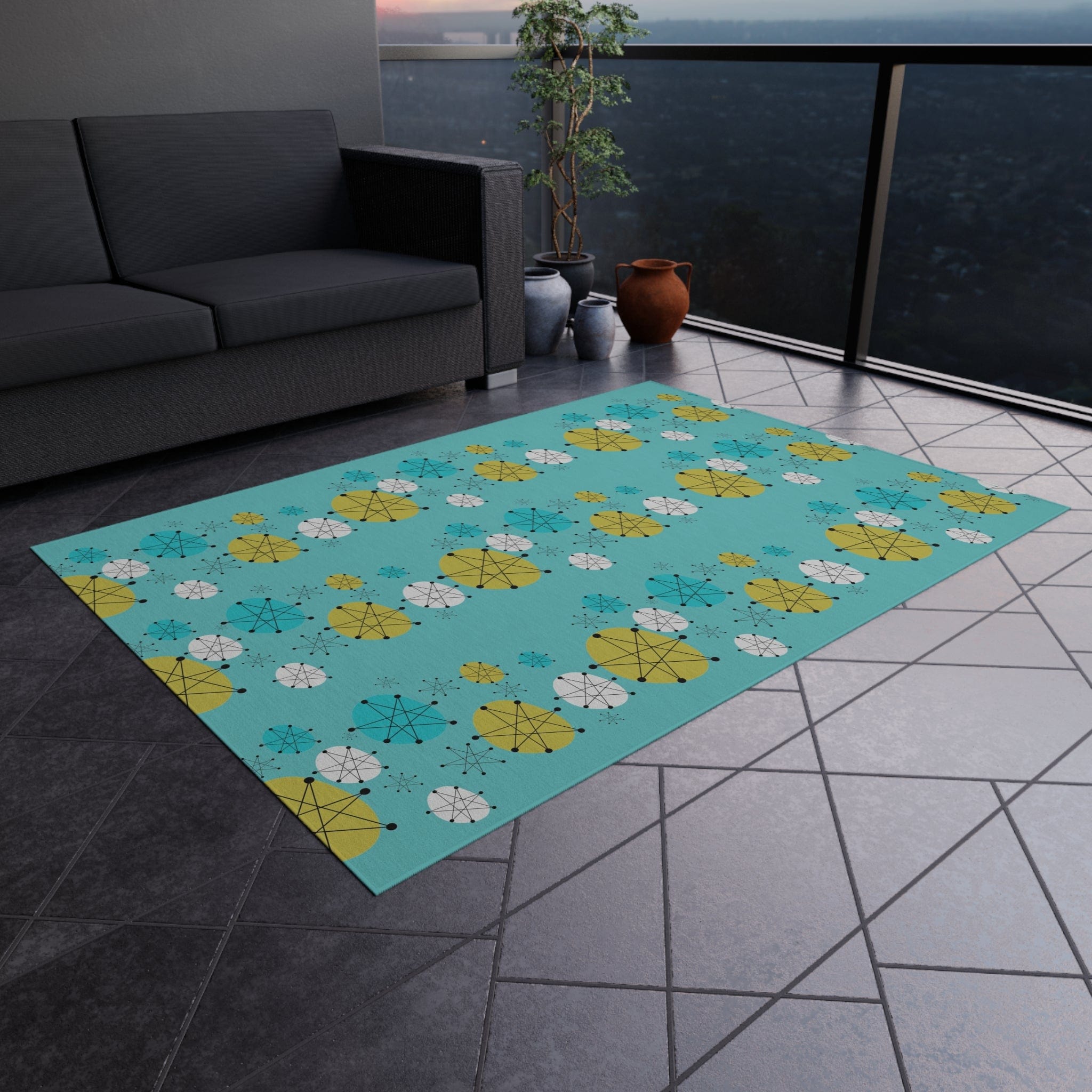 Mid Century Modern Design Francsican Starburst Atomic Aqua Blue Patio Rug, 50&