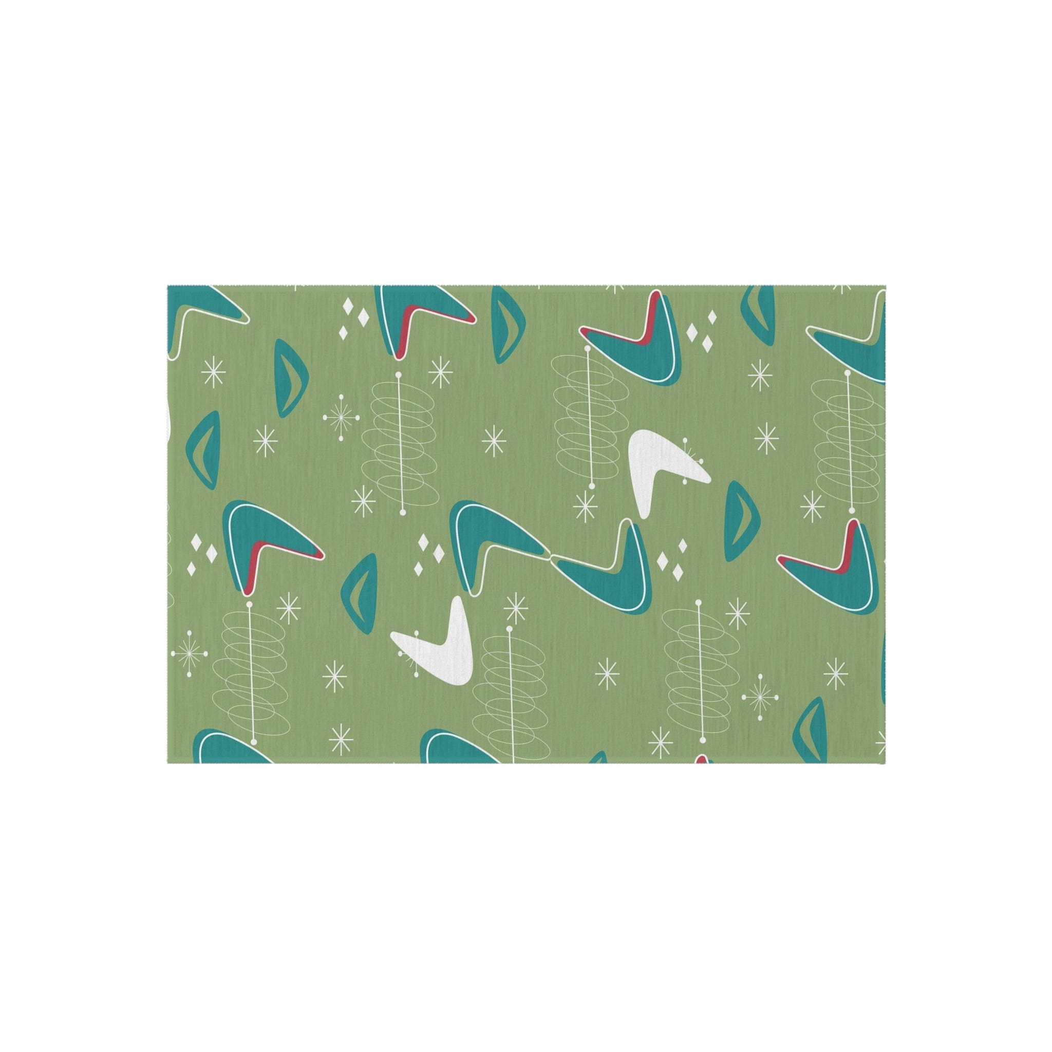 Mid Century Modern Designed, Boomerang Green, Teal, White, Mid Mod Atomic Space Indoor Outdoor Rug Home Decor