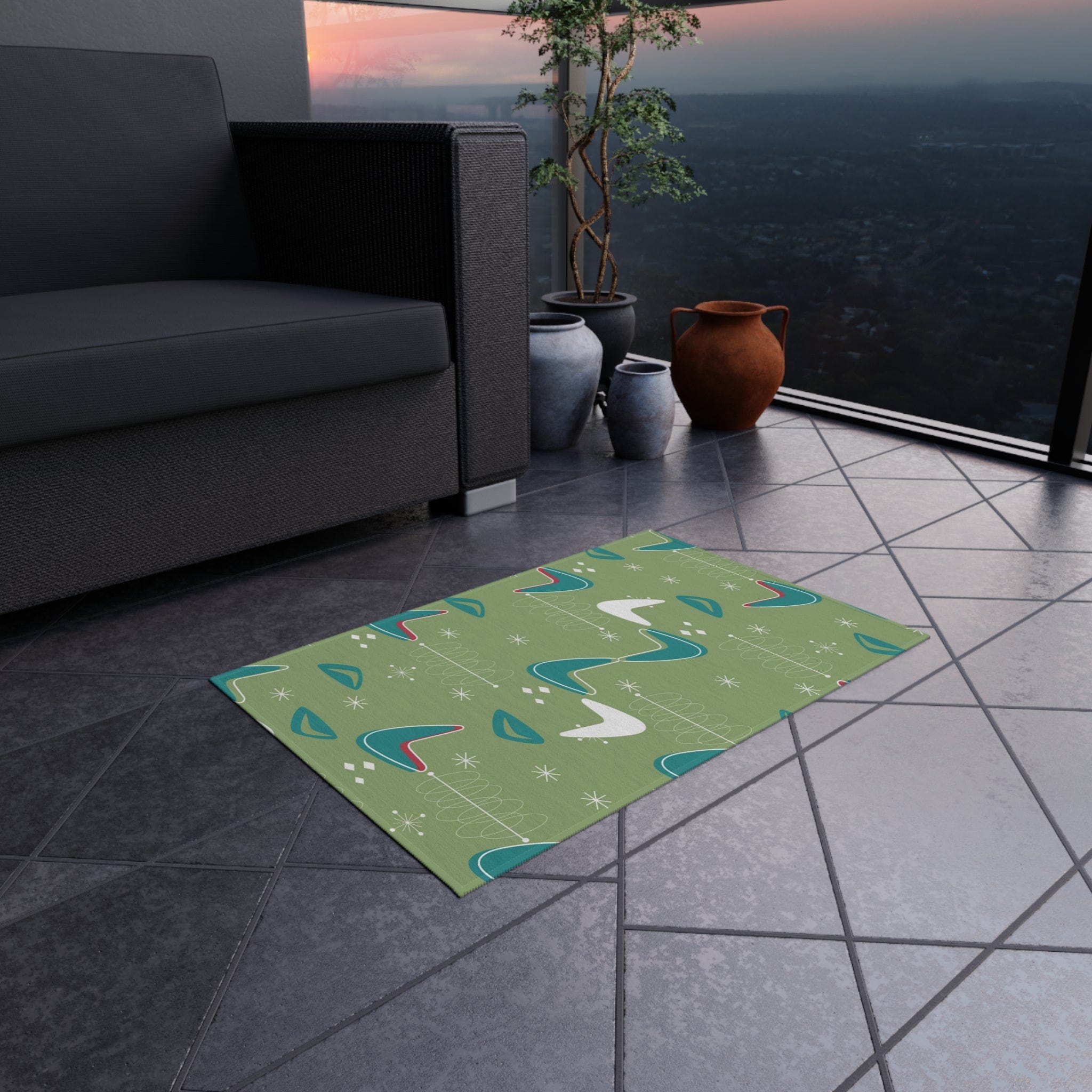 Mid Century Modern Designed, Boomerang Green, Teal, White, Mid Mod Atomic Space Indoor Outdoor Rug Home Decor