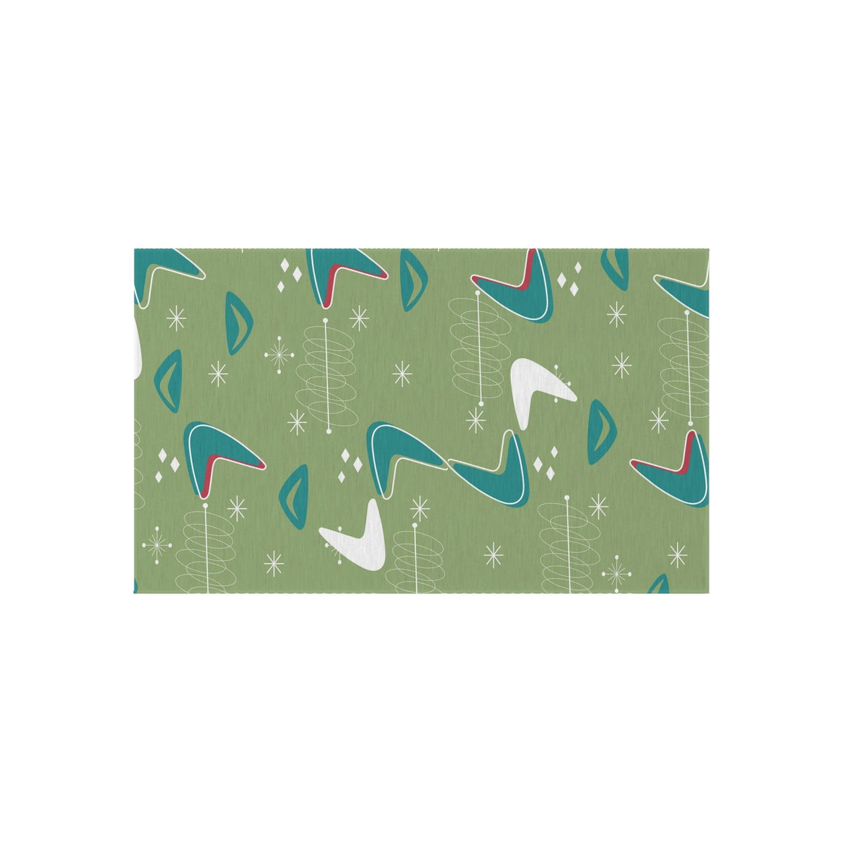 Mid Century Modern Designed, Boomerang Green, Teal, White, Mid Mod Atomic Space Indoor Outdoor Rug Home Decor