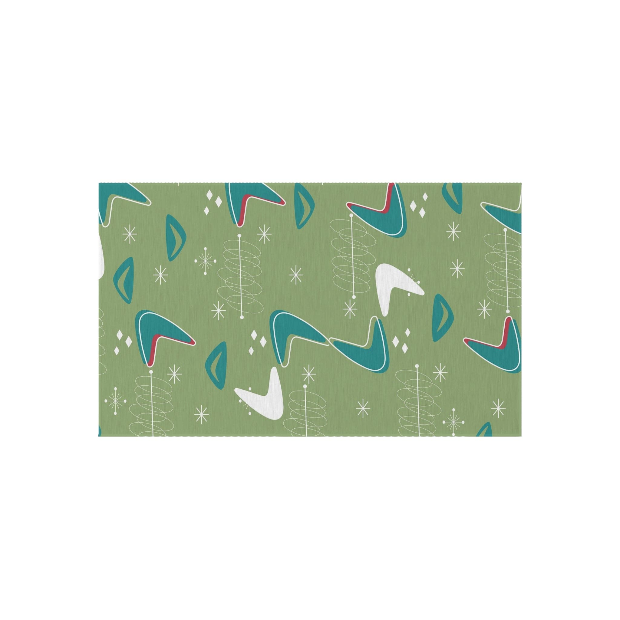 Mid Century Modern Designed, Boomerang Green, Teal, White, Mid Mod Atomic Space Indoor Outdoor Rug Home Decor